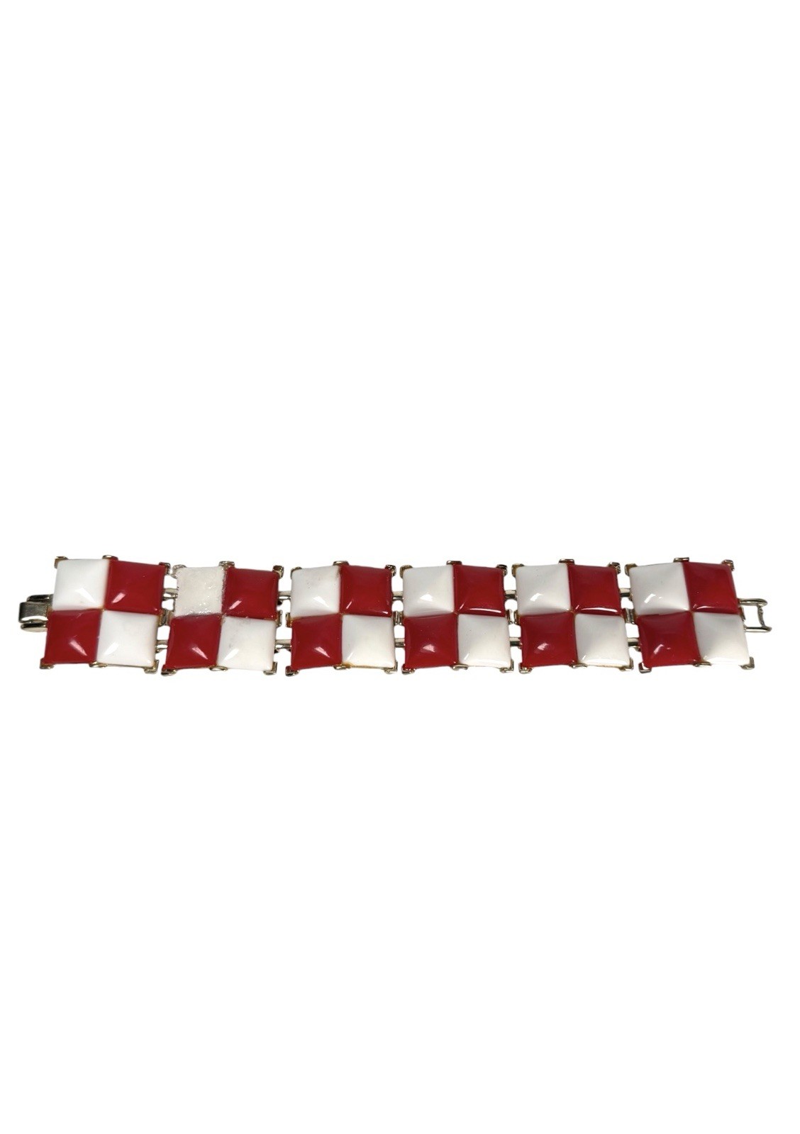 Vintage KRAMER NY Red & White Square Cabochon Checkers Link Bracelet Gold Tone