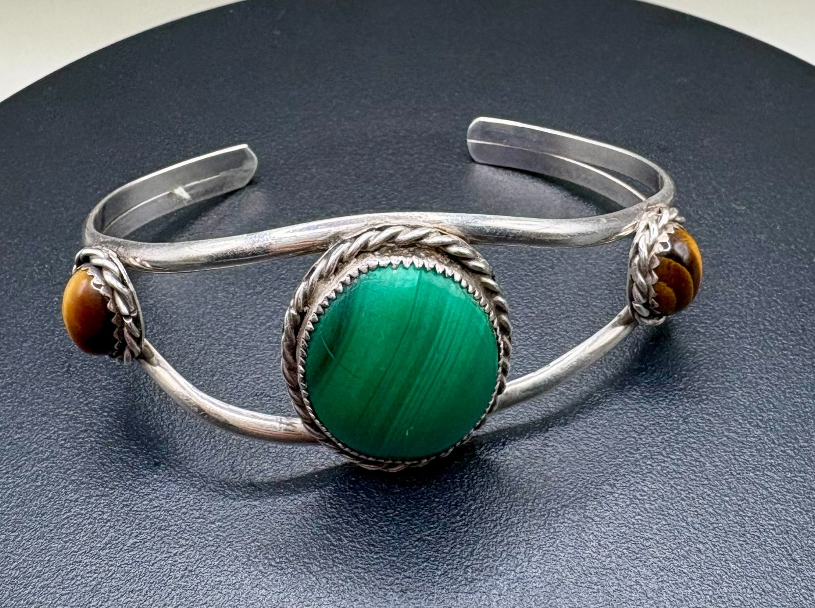 Vintage Sterling Silver Malachite Tiger Eye Open Cuff Bracelet Southwest 24.7g