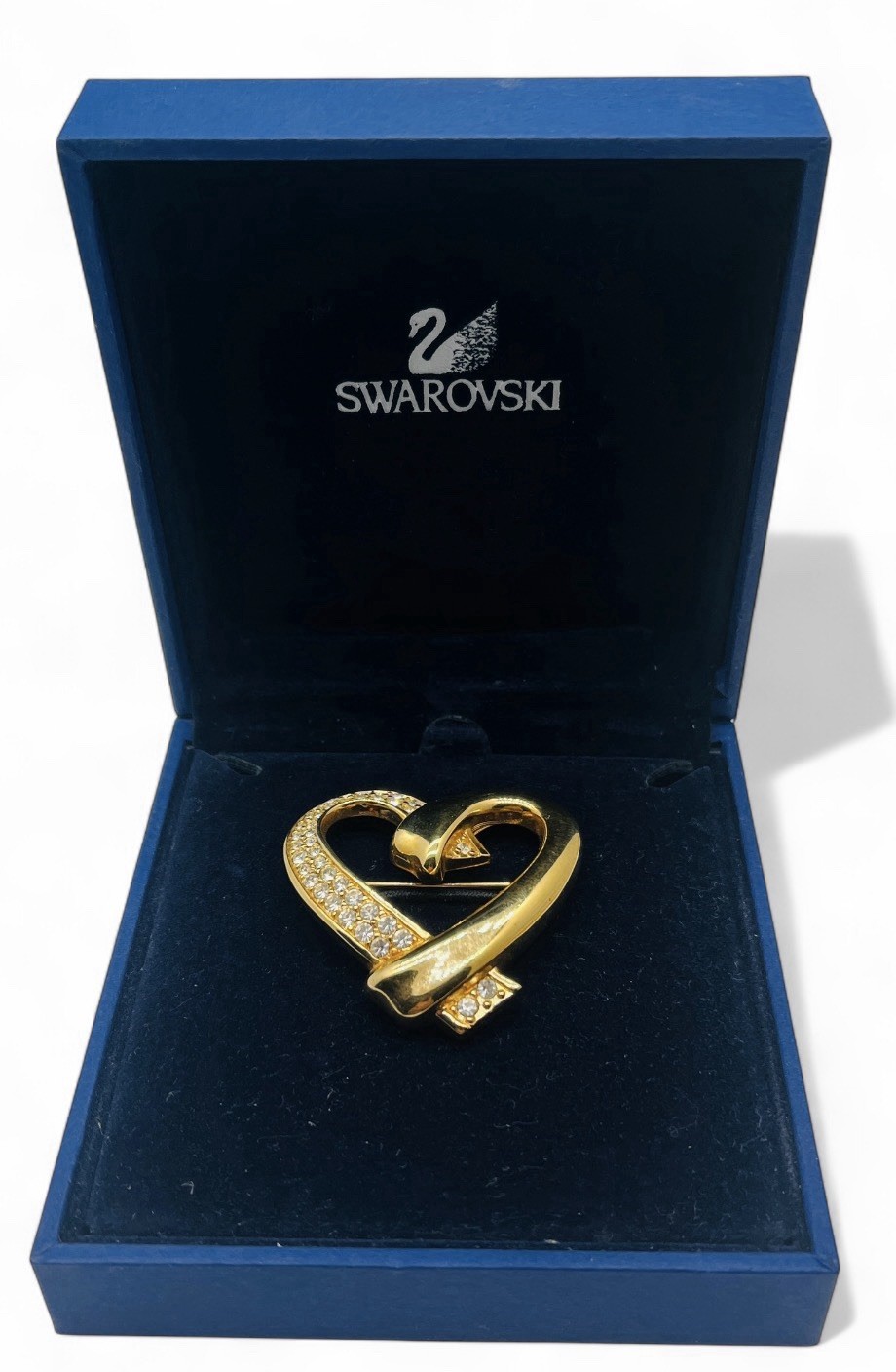 Vintage Signed Swarovski Swan Mark Crystal Rhinestone Gold Heart Brooch w/Box