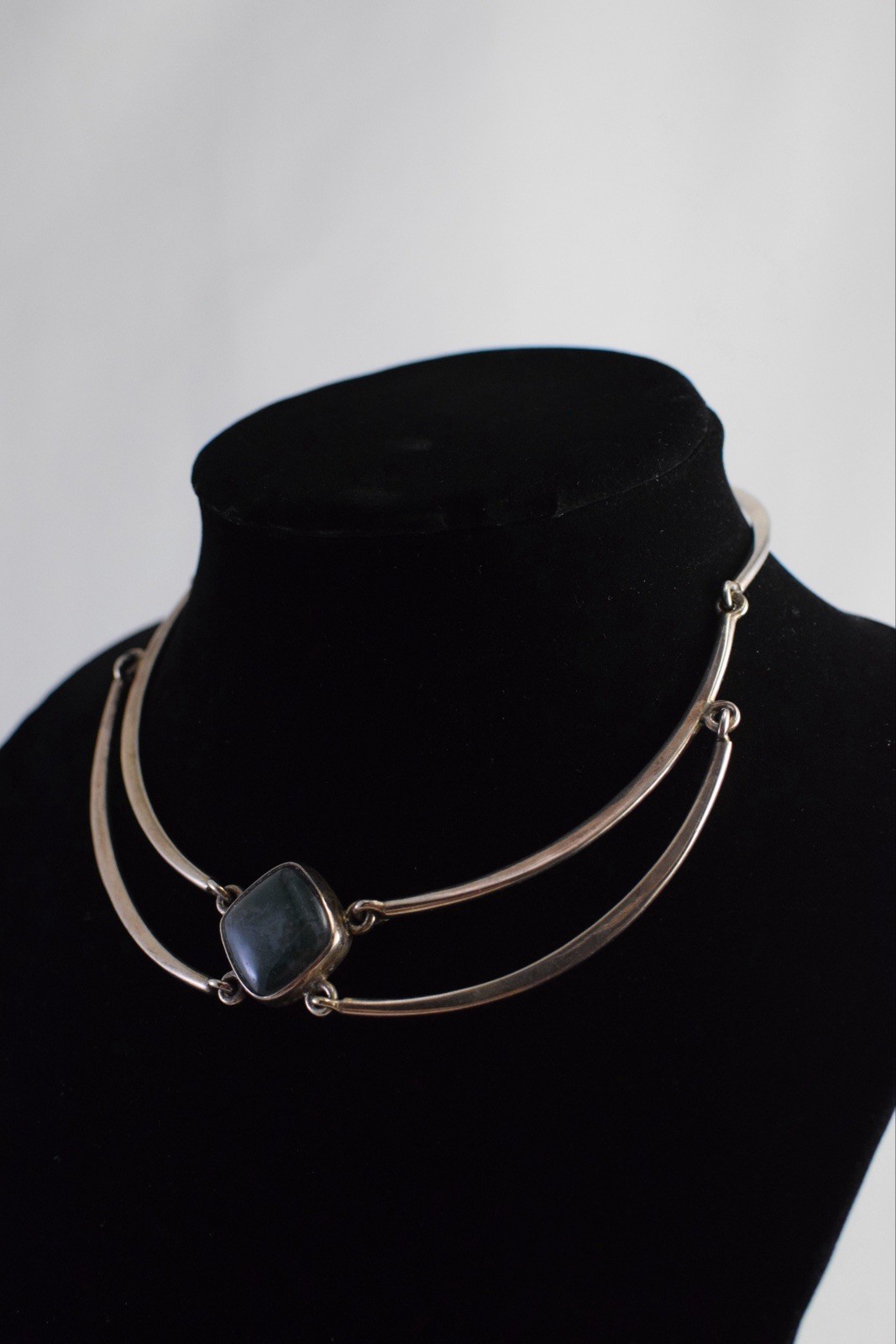 VTG Artisan Modernist MCM Green Stone Linked 925 Sterling Silver Necklace 56g