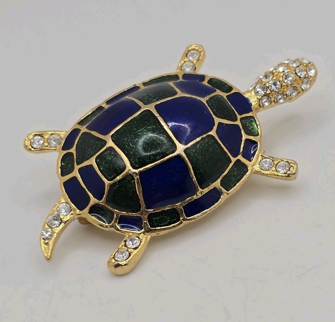 Vintage Turtle Brooch Pin Blue Green Enamel Gold Tone Clear Rhinestones
