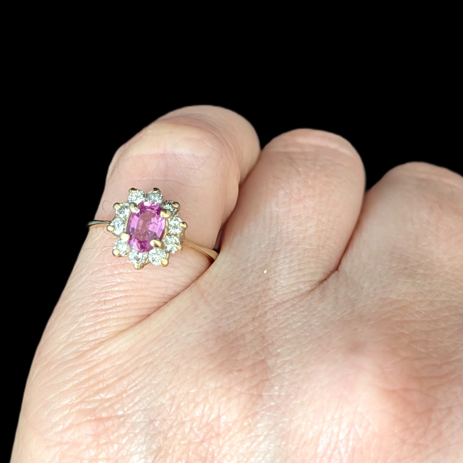 Vintage Pink Sapphire Diamonds 14k Yellow Gold Halo Ring Estate Jewelry Gift