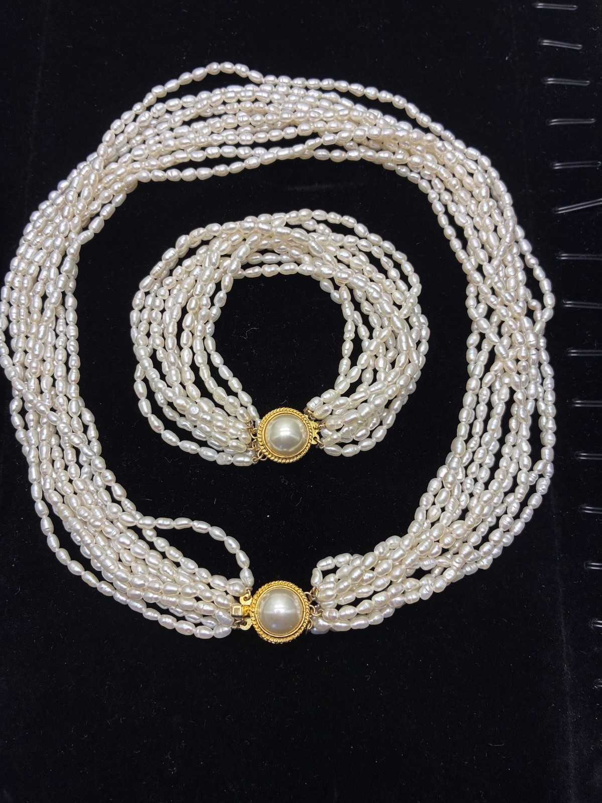 Vintage Genuine Freshwater 10 -Strand Rice Pearl Necklace Bracelet Set 18.5”/7.5
