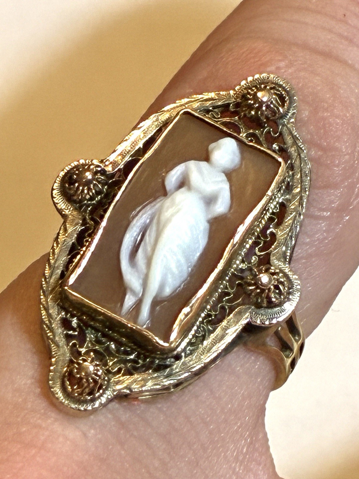 Sz 7.5 Victorian 14k filigree full figure shell Cameo Ring 3.61 g