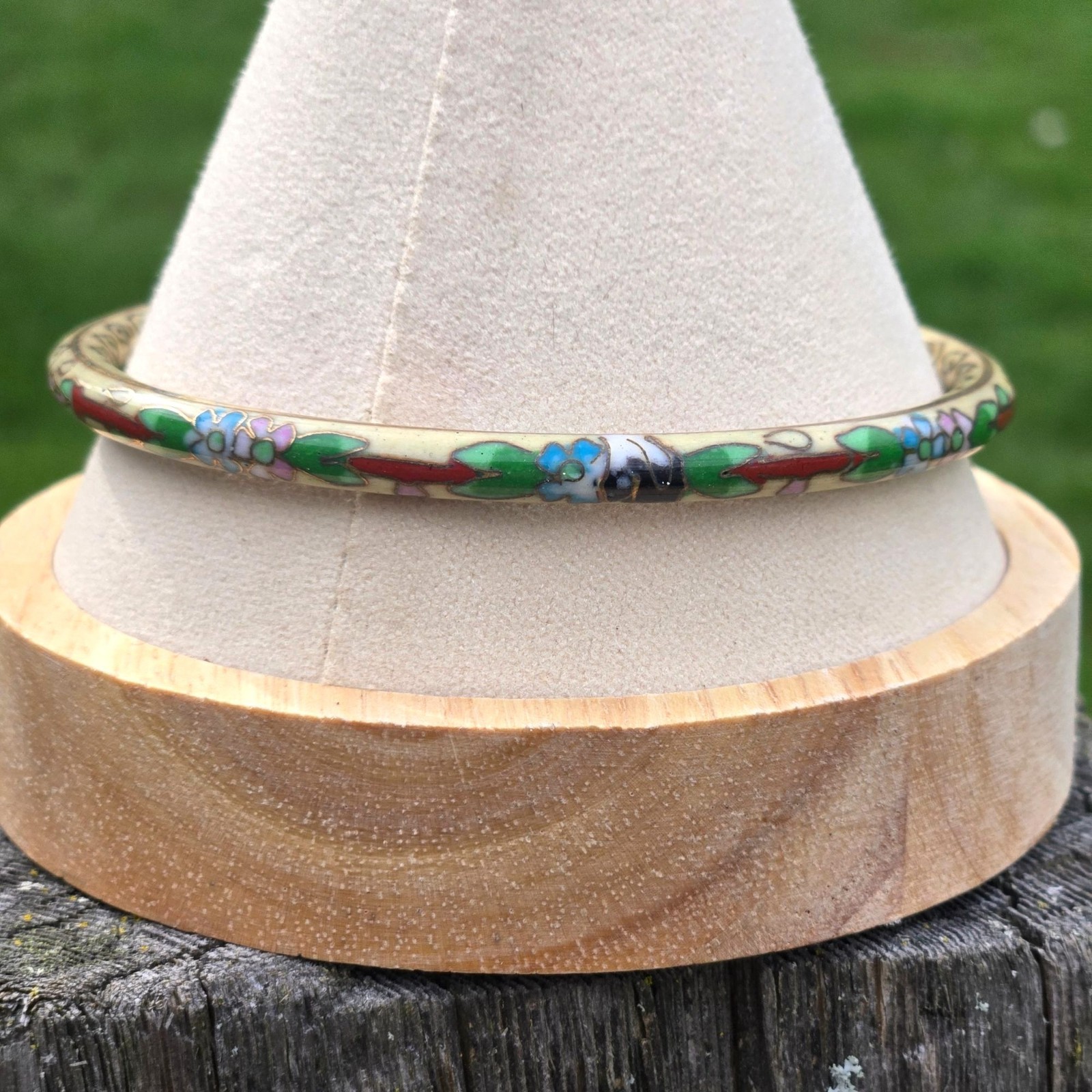 vintage cloisonné gold-tone bangle bracelet colorful enamel floral design boho
