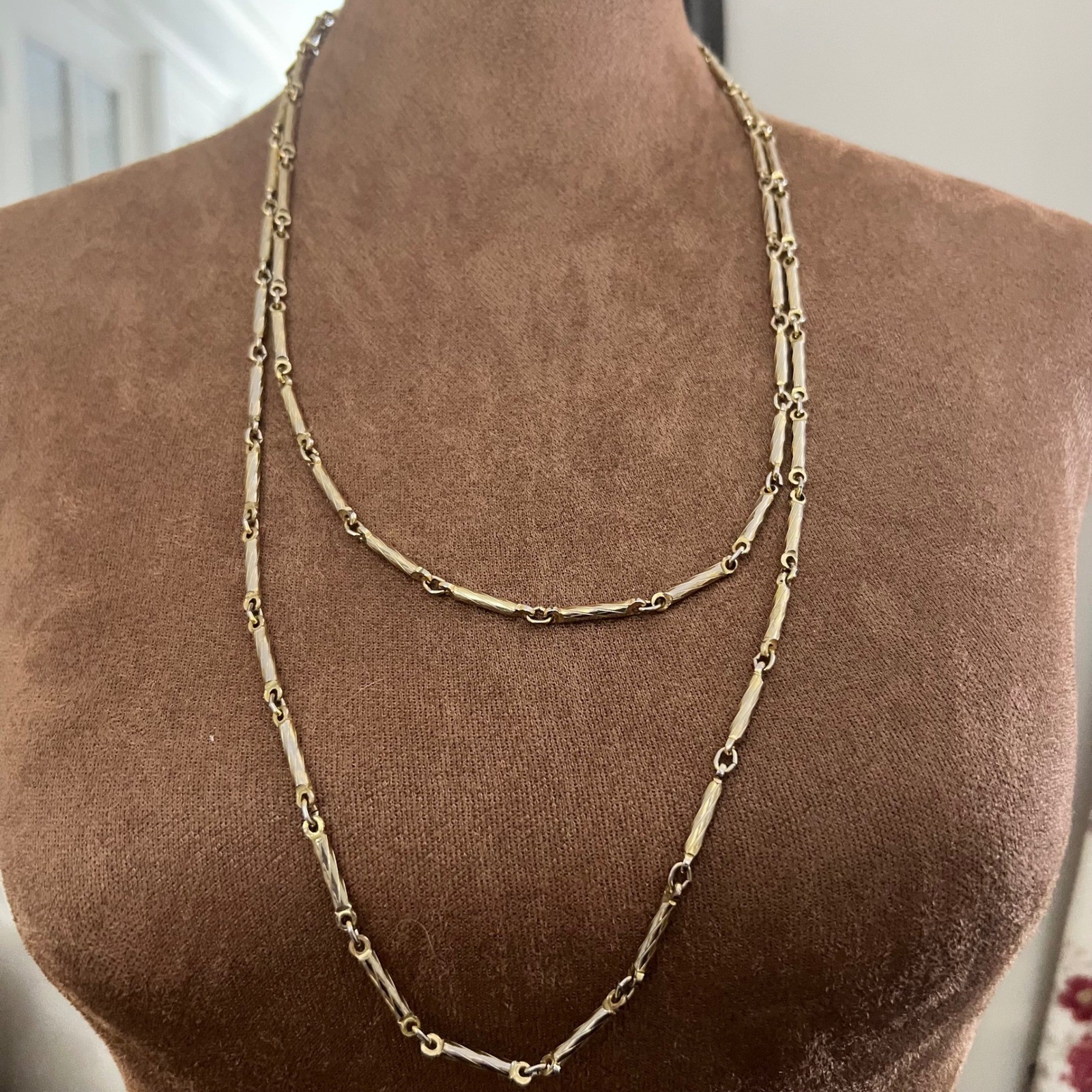 Monet Vintage Gold Tone Textured Bar Link Long Opera Chain Necklace 56″ Boho 70s