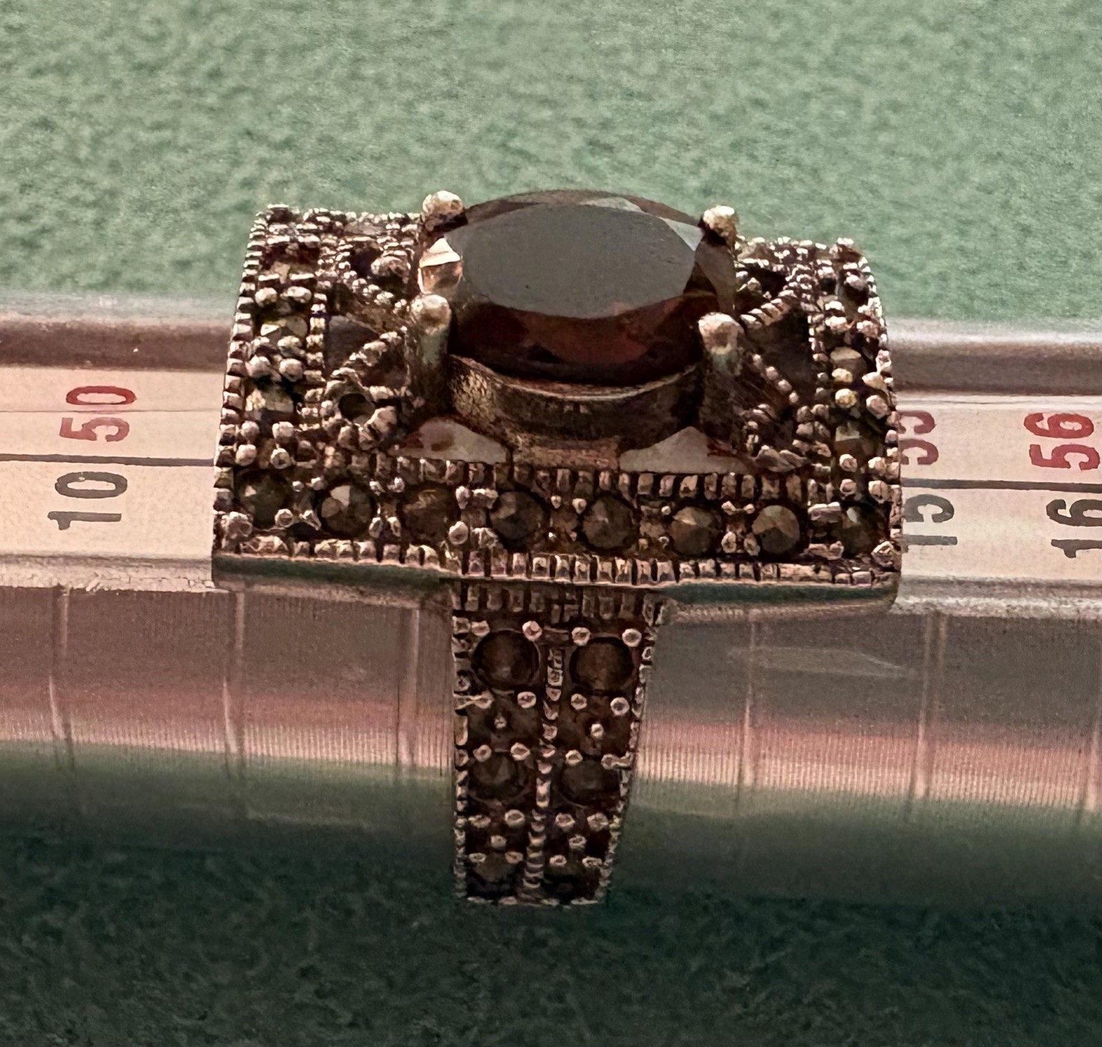 Sterling Silver Art Deco Garnet & Marcasite Filigree Ring Size 7