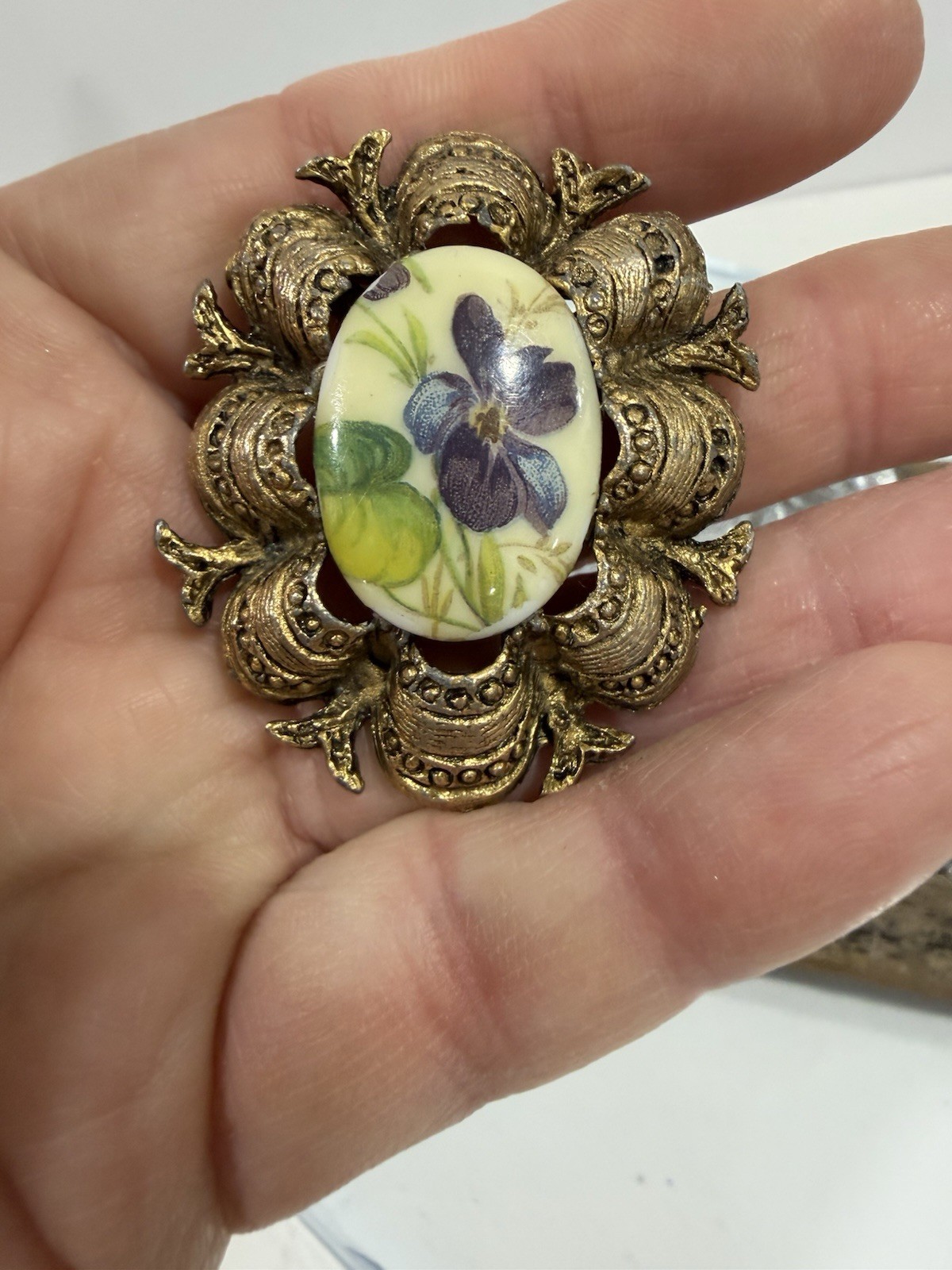 Vintage Victorian Revival Floral Porcelain Purple Violets Cameo Style Brooch