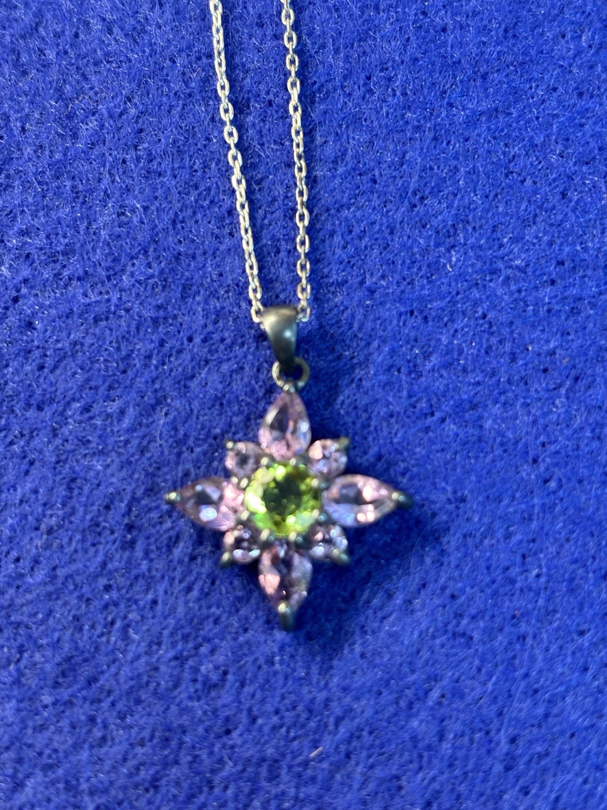 Vintage Sterling Amethyest & Peridot Flower Shape Neck;ace & Pierced Earrings