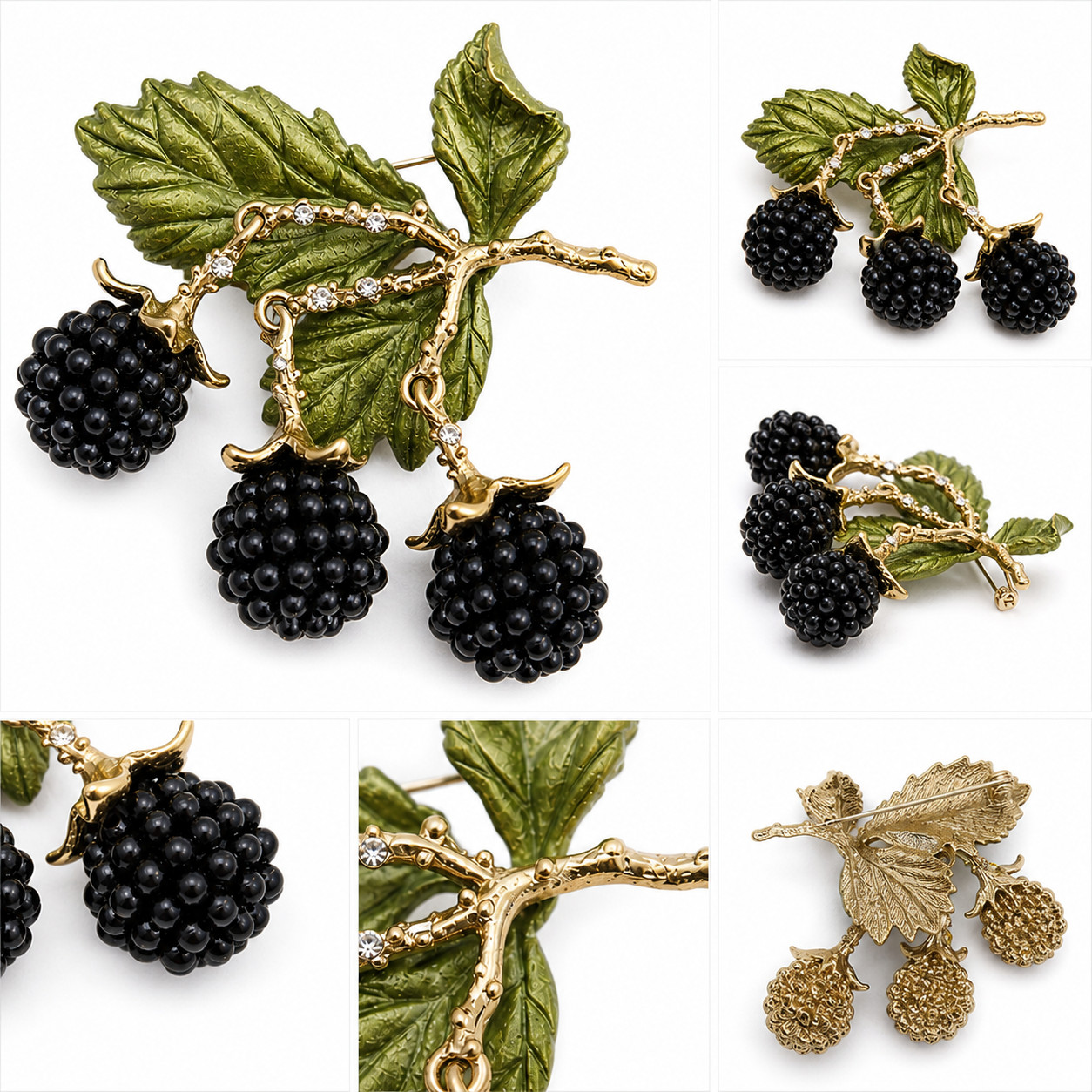 Elegant Vintage Blackberry Brooch Pin Rhinestone Crystal Gold Leaf Women Men Gif