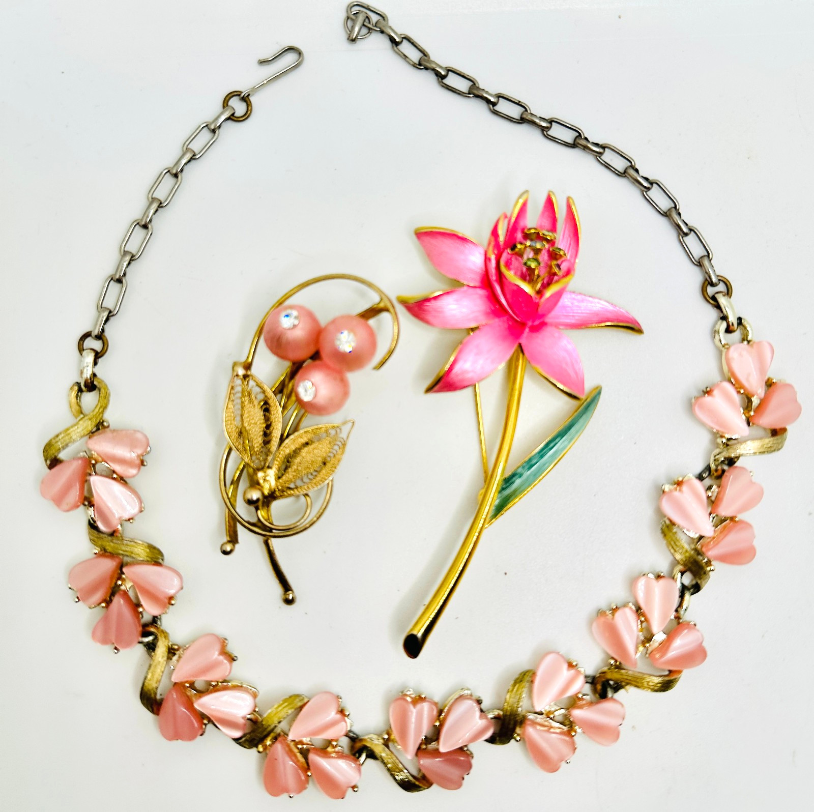 Lot Lisner PINK Moonglow Lucite Necklace, Park Lane & Other Rhinestone Brooches