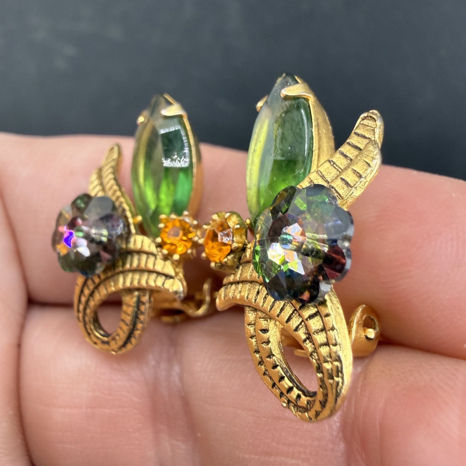 Vintage Juliana Rhinestone Clip On Earrings Gold Tone Flower Watermelon