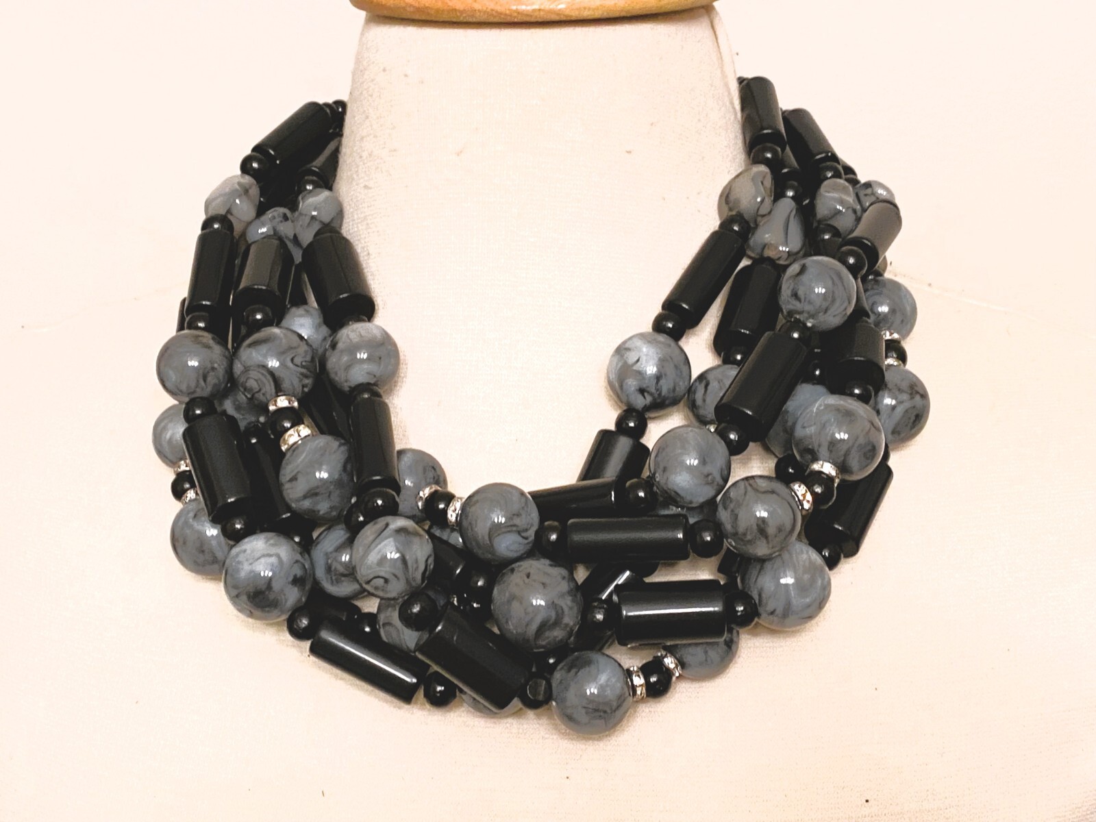 Gorgeous Marbleized Gray Resin & Acrylic Black Tubular Beads Six Strand Necklace
