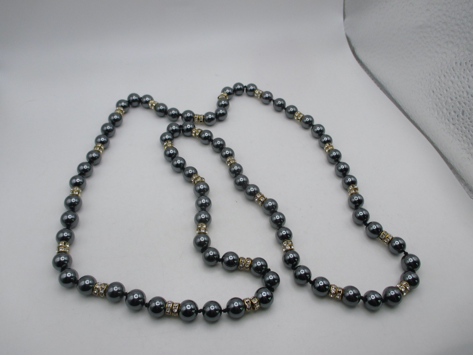 VTG Hematite Rhinestone Disk Beaded Hand Knotted Necklace 36″
