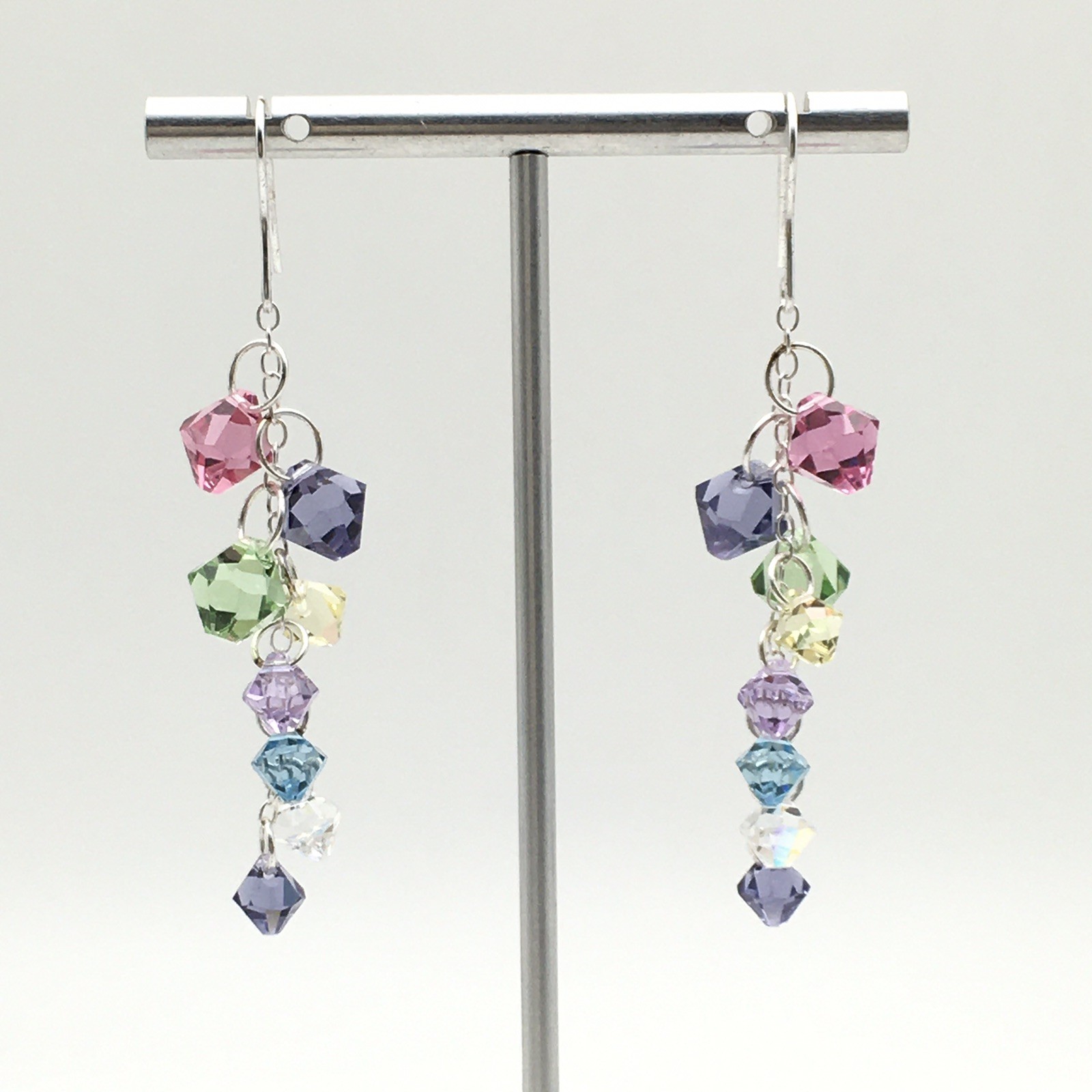 Vintage Sterling Silver Rainbow Beaded Cha Cha Hook Dangle Earrings 925 7g #96