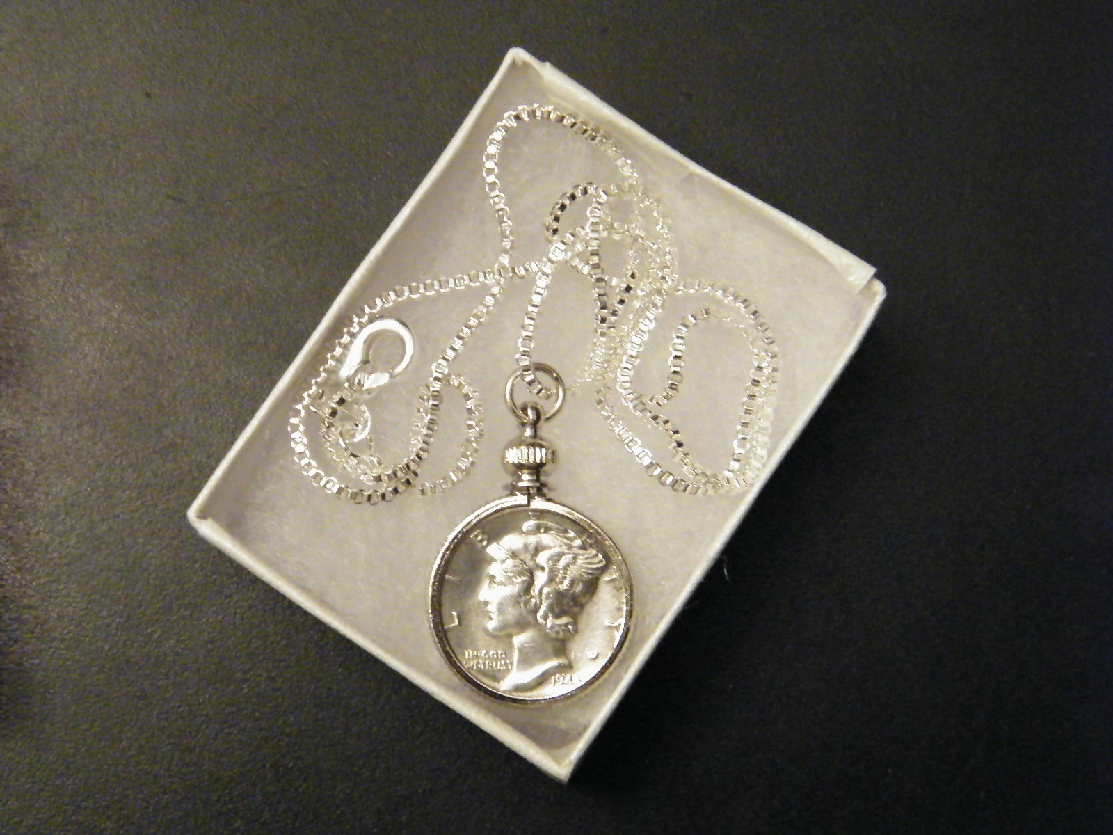 Coin Pendant Silver VINTAGE MERCURY DIME Bezel Sterling Silver Plated 18” Chain