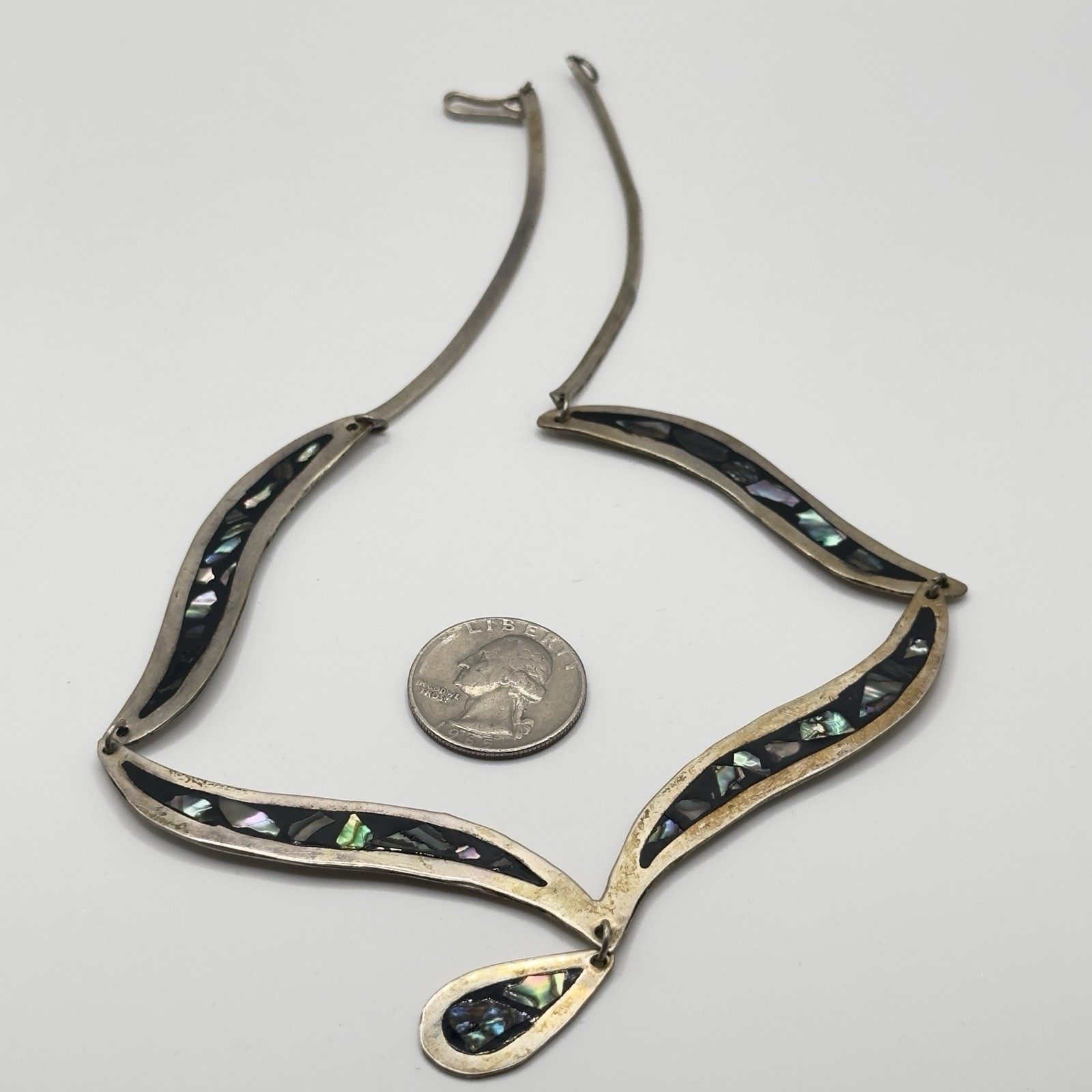 Vintage Mexican Alpaca Abalone Inlay Necklace 17″ Panel Link Drop Pendant