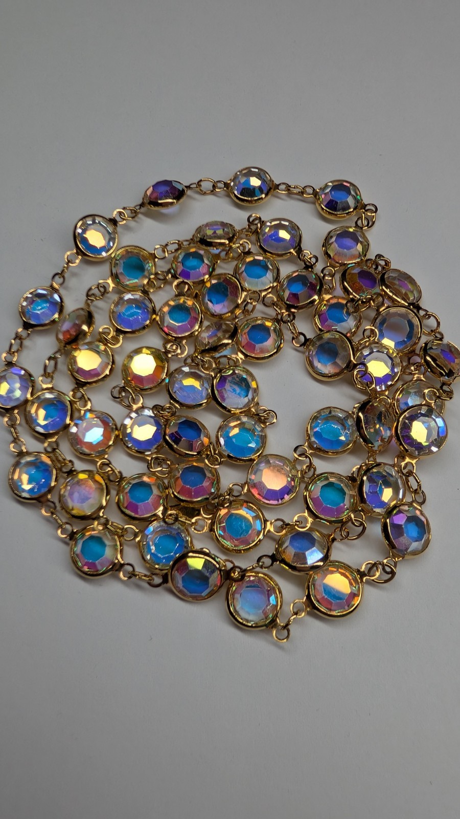Vintage SWAROVSKI aurora borealis crystal open back bezel set necklace 36″