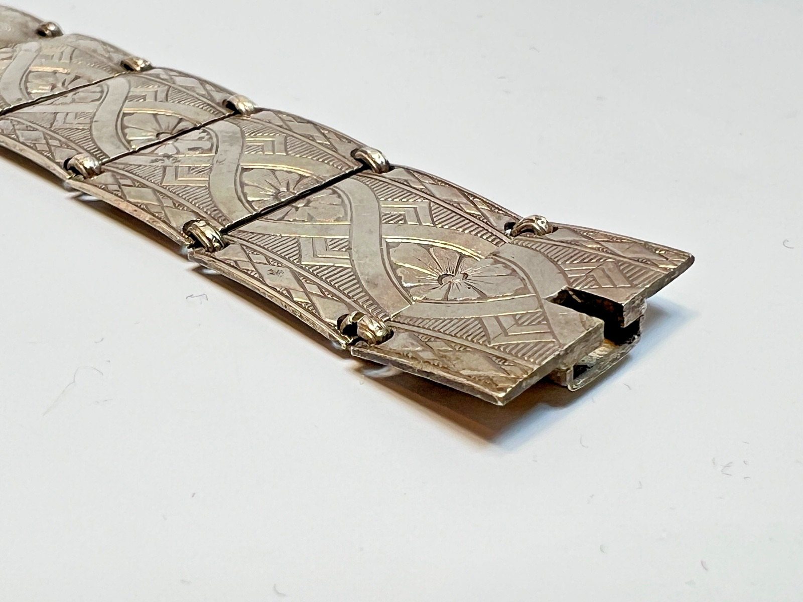 Antique German 835 Silver Art Deco Link Panel Bracelet Geometric Flowers