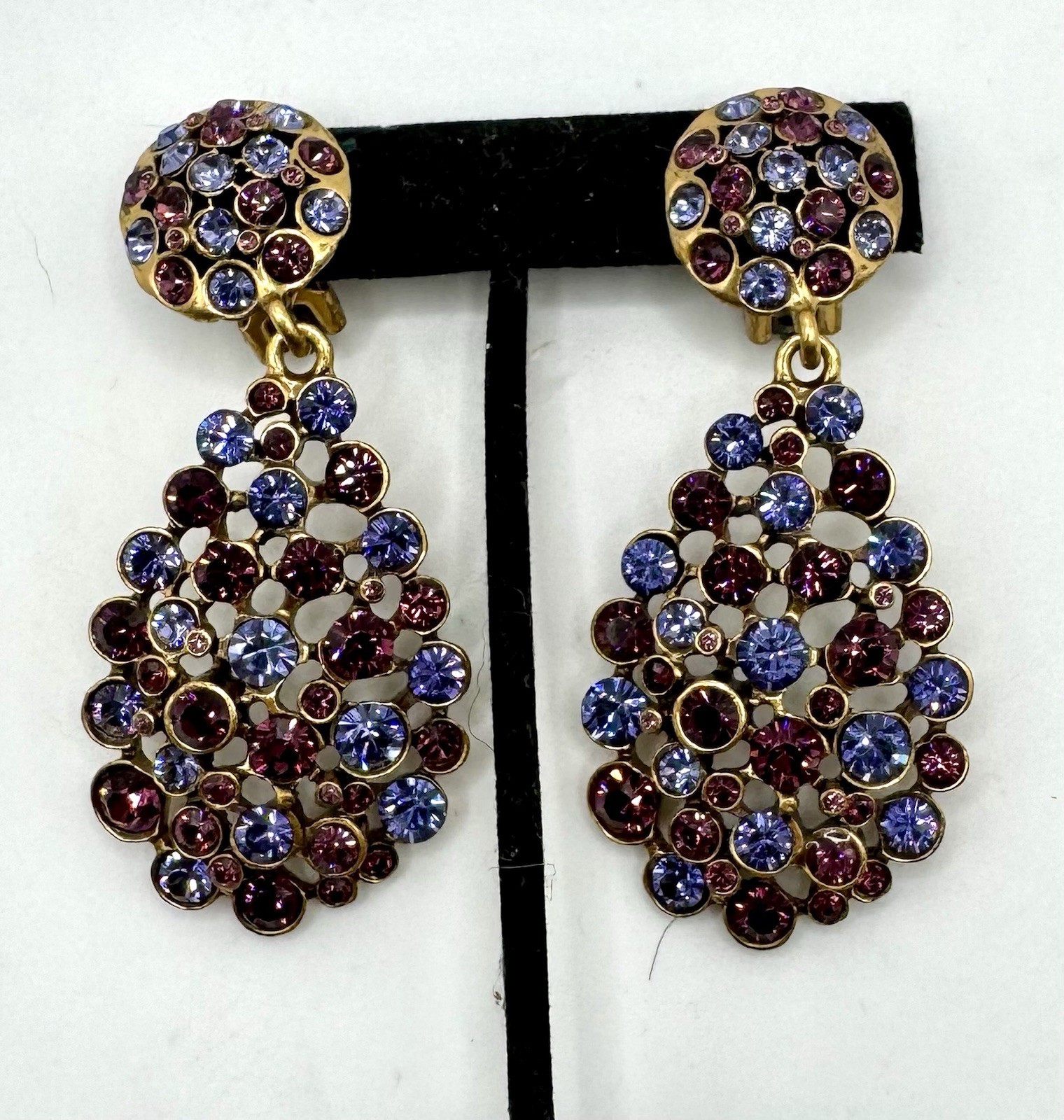 Vintage Oscar de La Renta Gold-Tone With Blue & Purple Crystal Drop Earrings