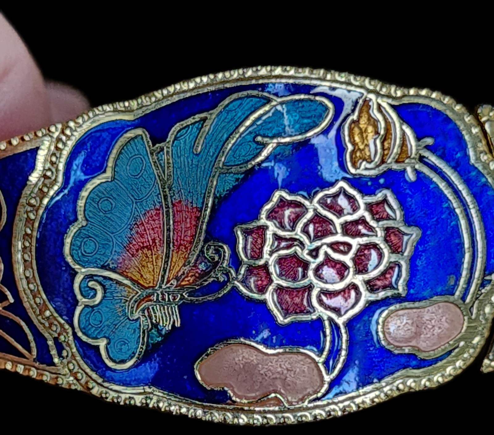 Vintage Cloisonne Cobalt Blue Floral Butterfly Enamel Bracelet Gold Tone