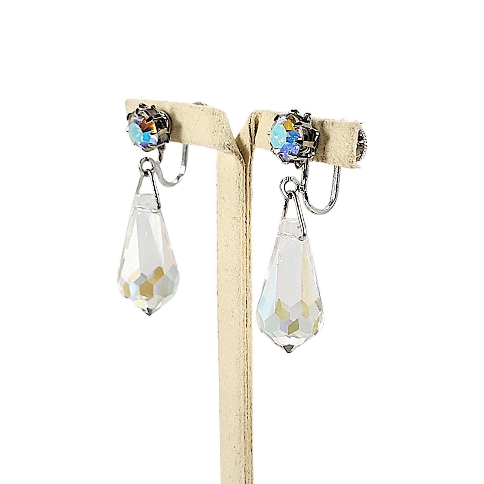 Vintage Aurora Borealis Crystal Rhinestone Dangle Drop Screw Back Earrings