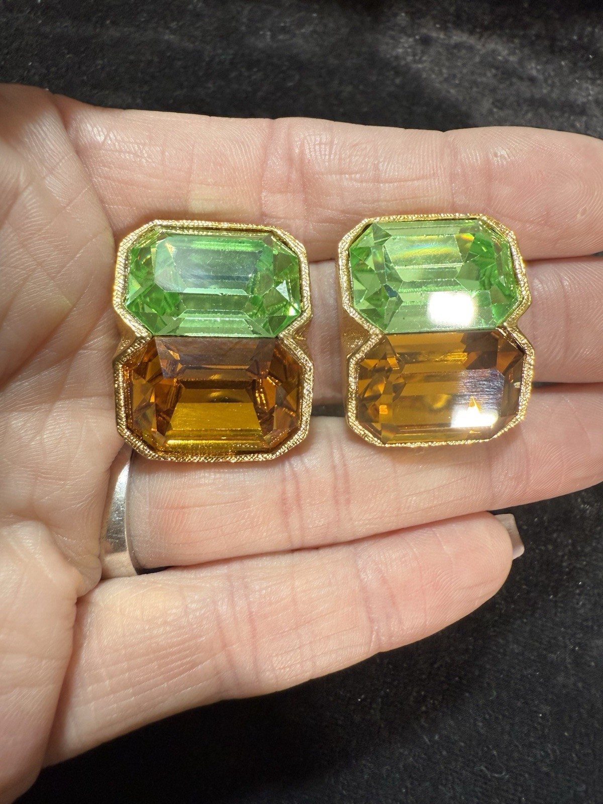 Vintage Signed Kenneth Lane Green & Orange Rhinestone Runway Clip-On Earrings