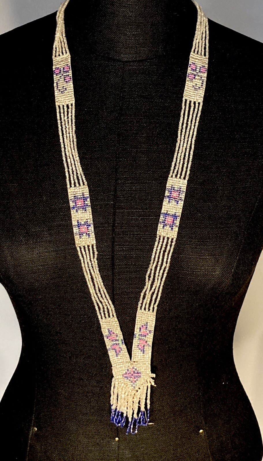 1920s Flapper Deco Sautoir Necklace, Very Good Antique Condition, Ecru/Blue/Pink