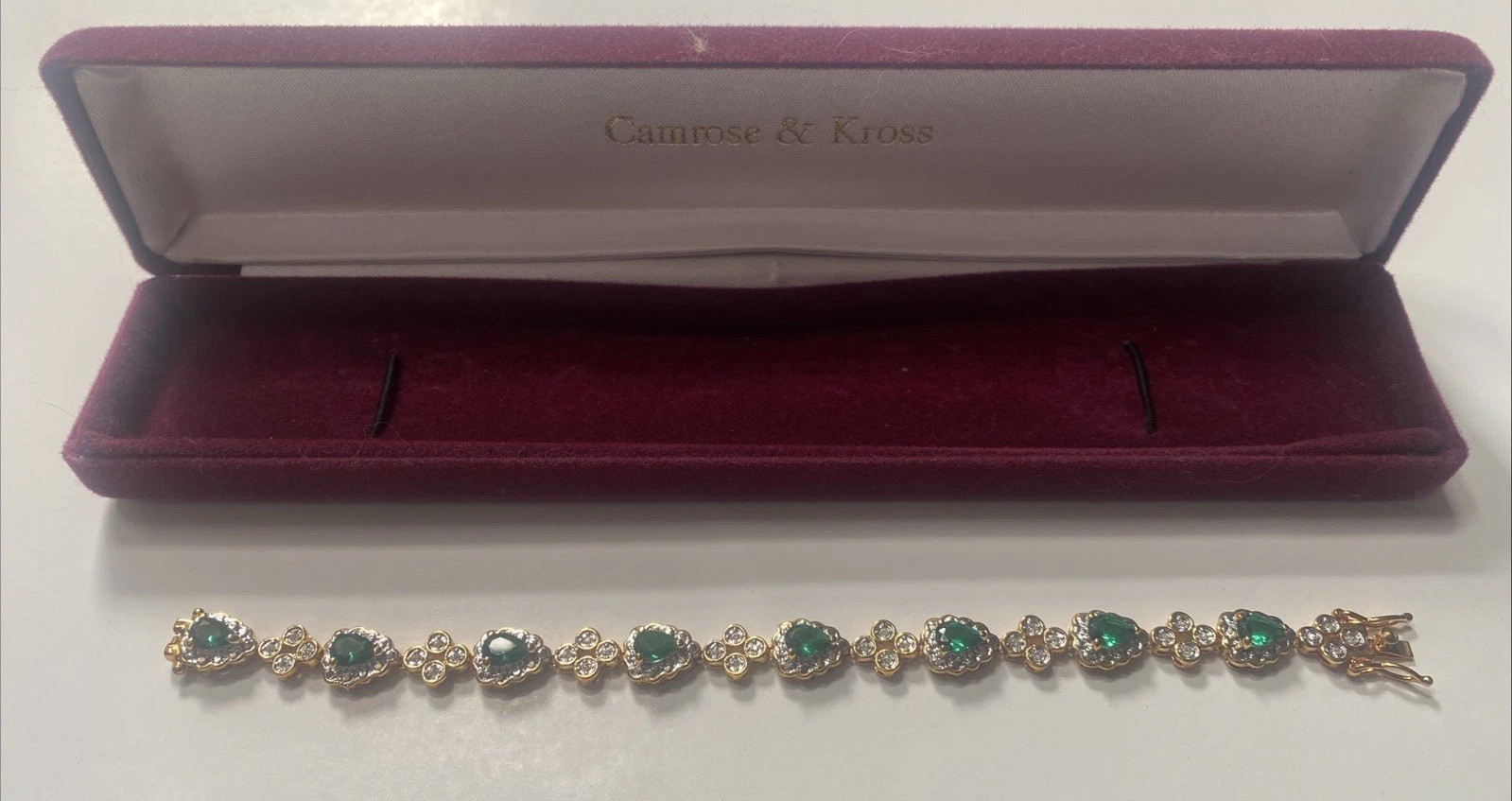 Camrose & Kross Jackie Kennedy Diamanté Emerald Crystal Gold Teardrop Bracelet