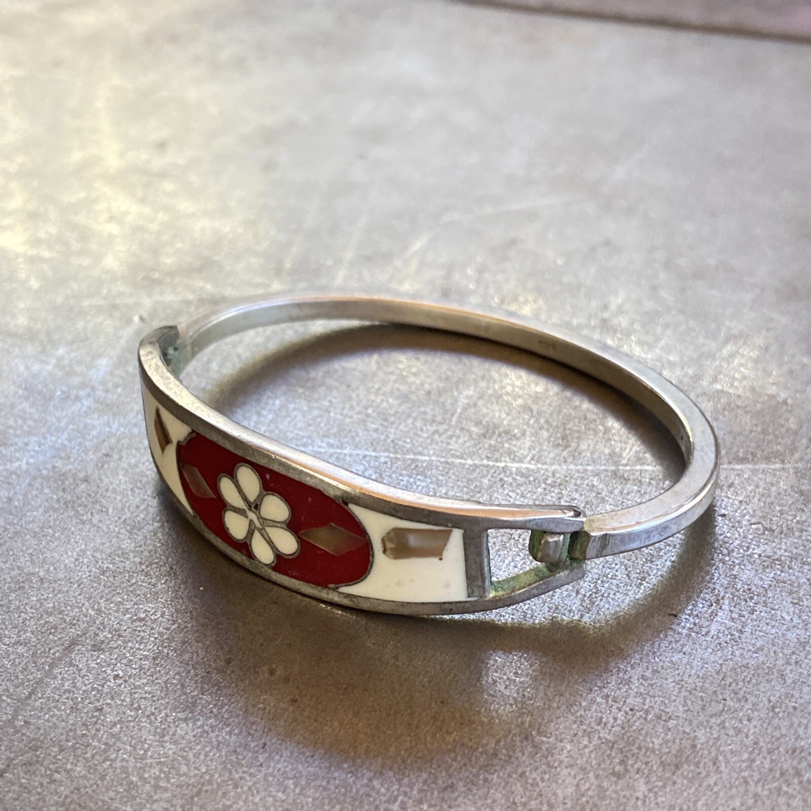 Taxco Sterling Silver Hinge Cuff 6.5” Bracelet White Red Enamel Flower Inlay