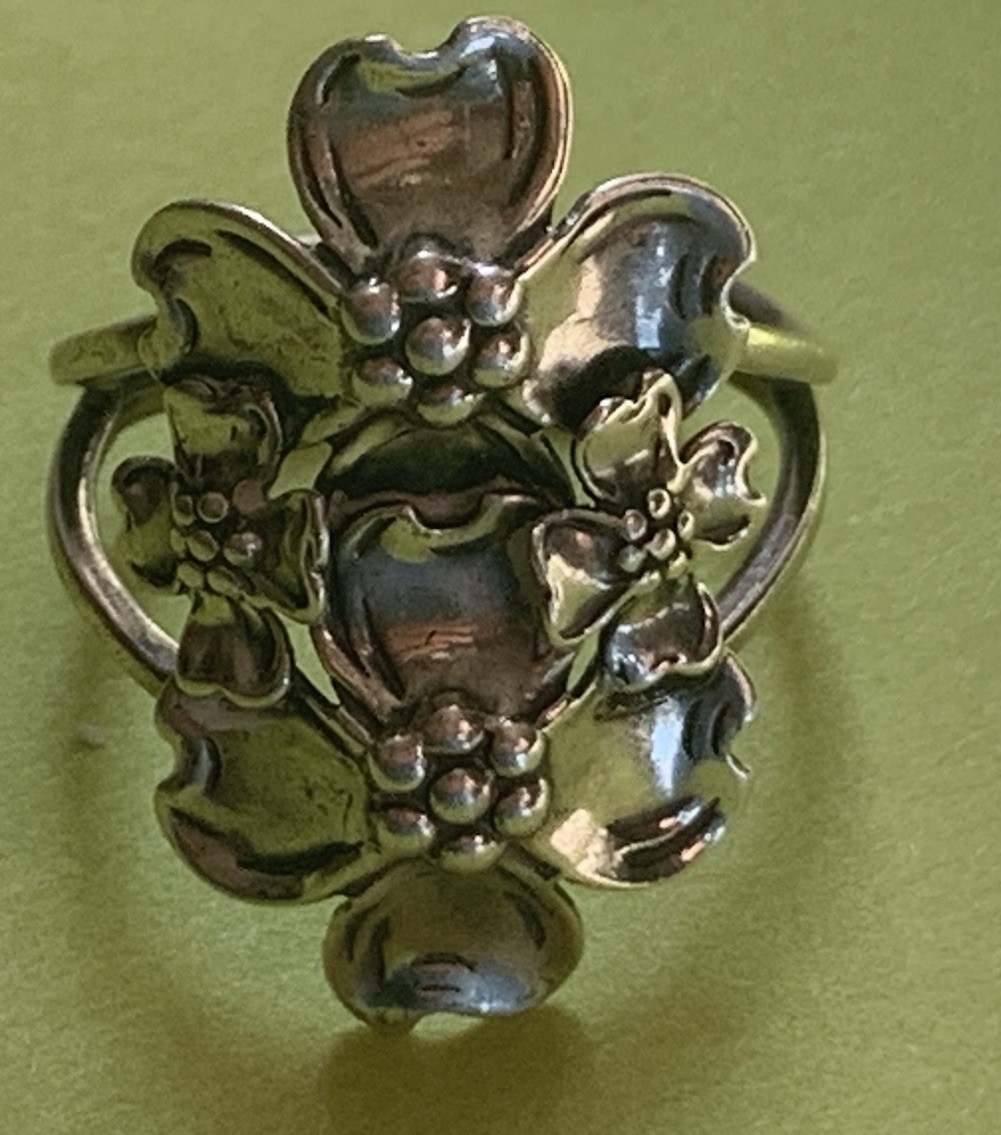Beau Sterling Silver Dogwood Flower Ring Nouveau Vintage Floral Adjustable 6