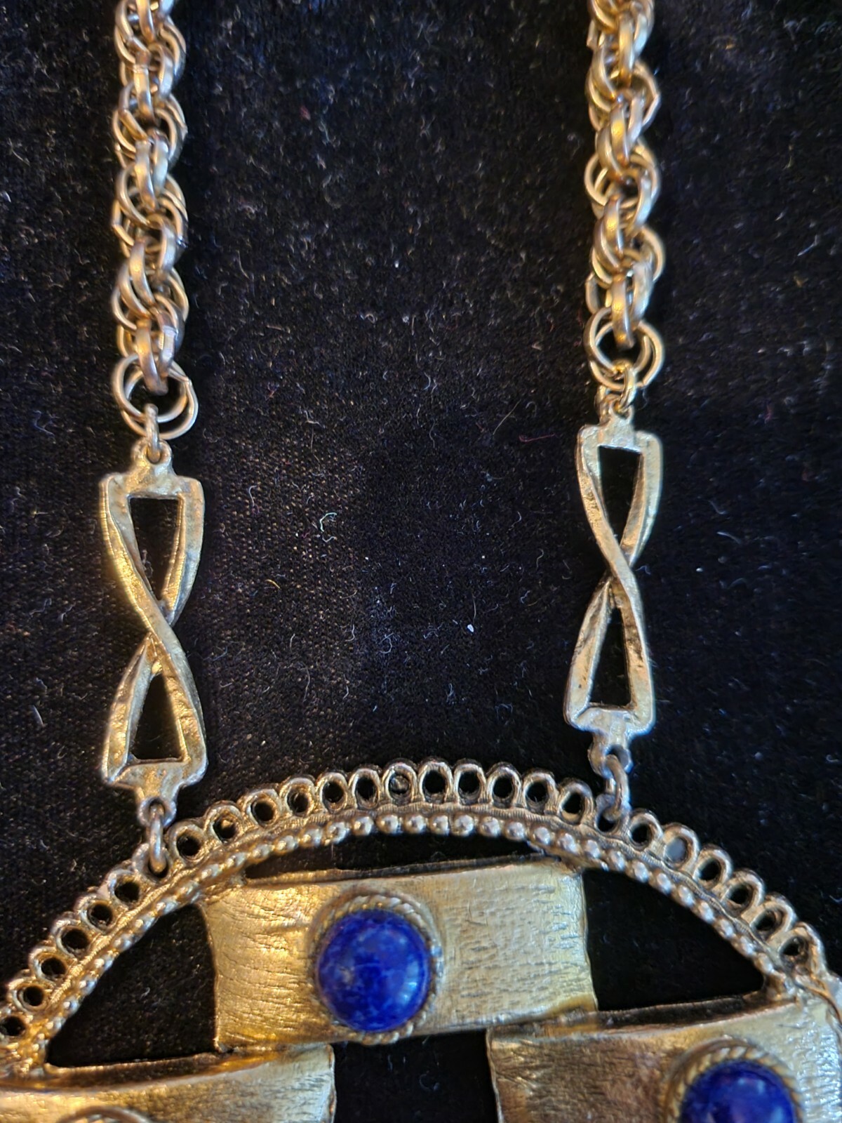 Vintage Very Large Bold Goldtone Blue Stone Edlee multi stand chain Necklace