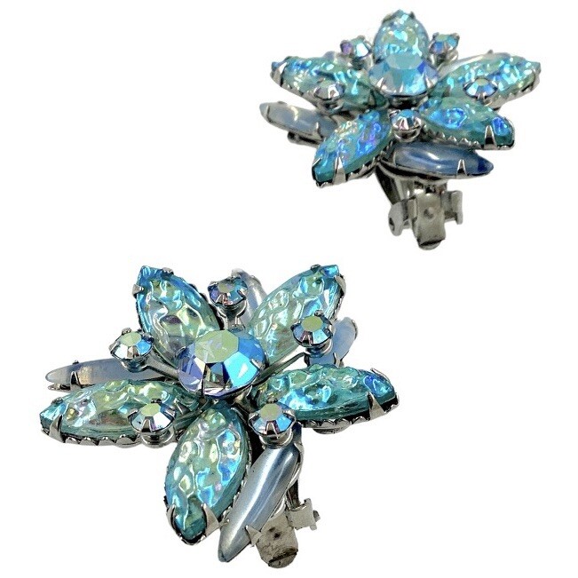 Vintage Judy Lee Blue Iridescent Glass Floral Clip Earrings AB Rhinestone 1960s
