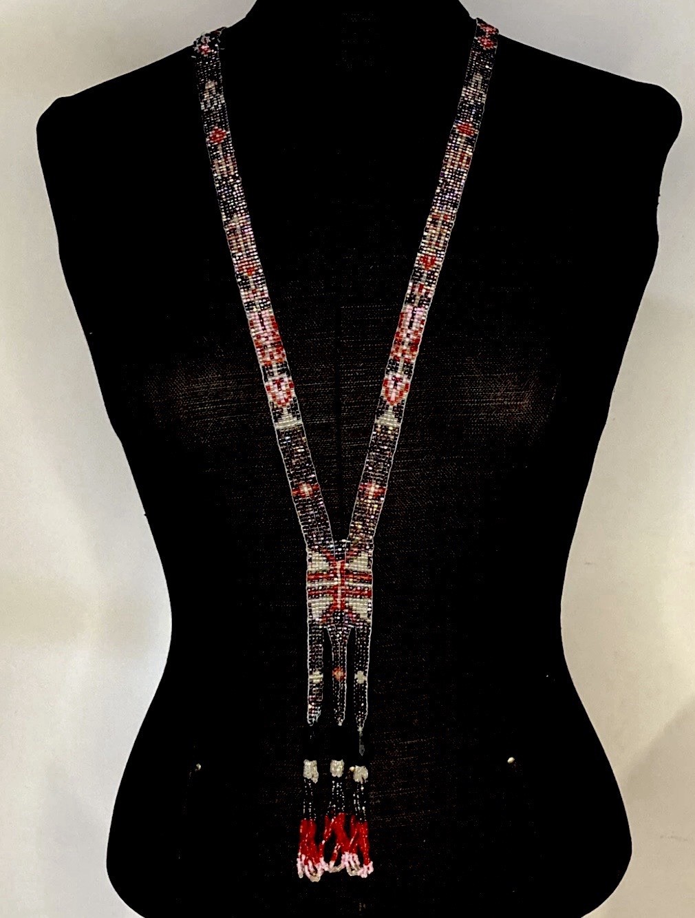 1920s Flapper Deco Sautoir Necklace, Very Good Antique Condition, Ecru/Blue/Pink