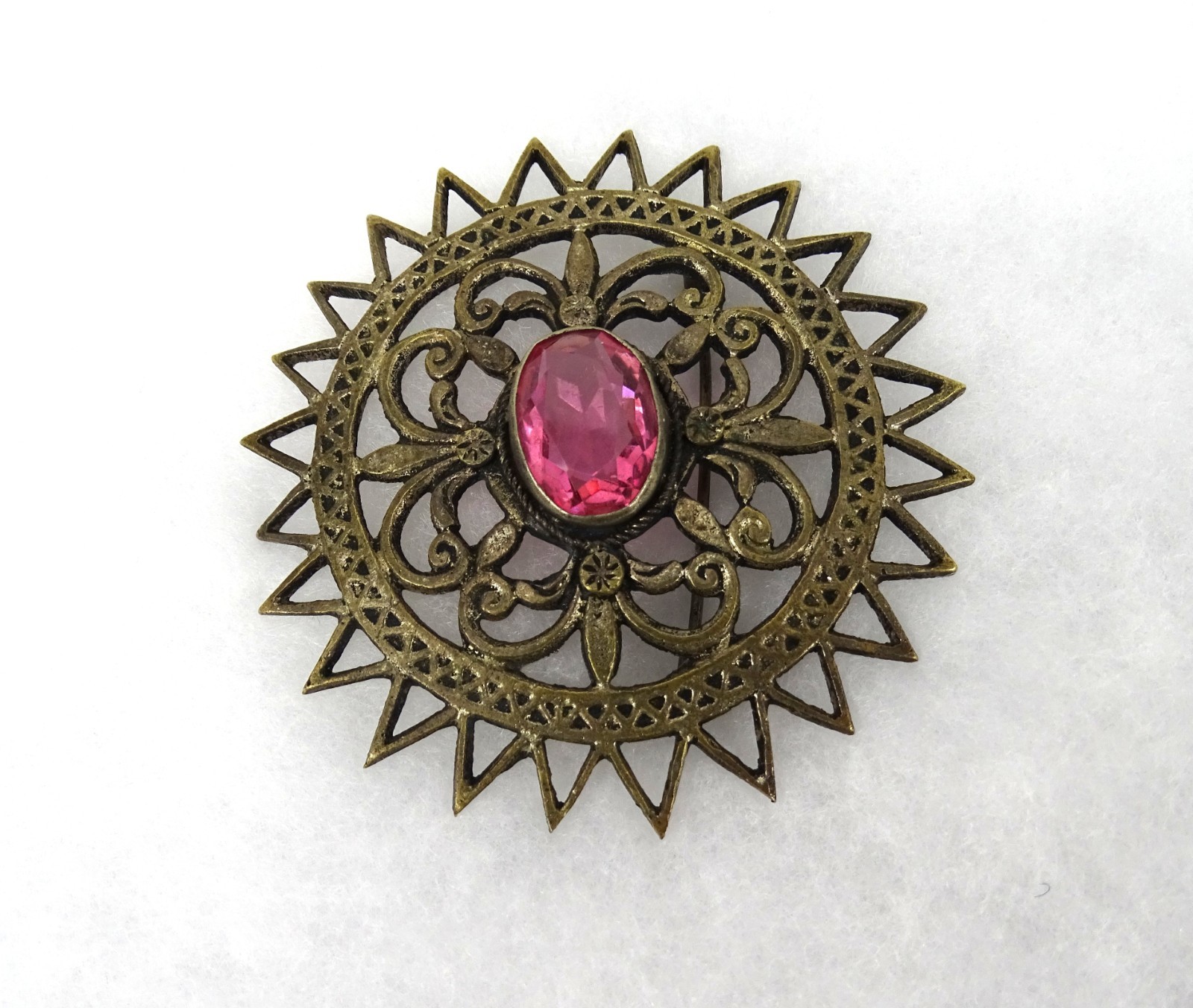 Antique Large Round Brass Sunburst Brooch, Oval Pink Stone, C-clasp
