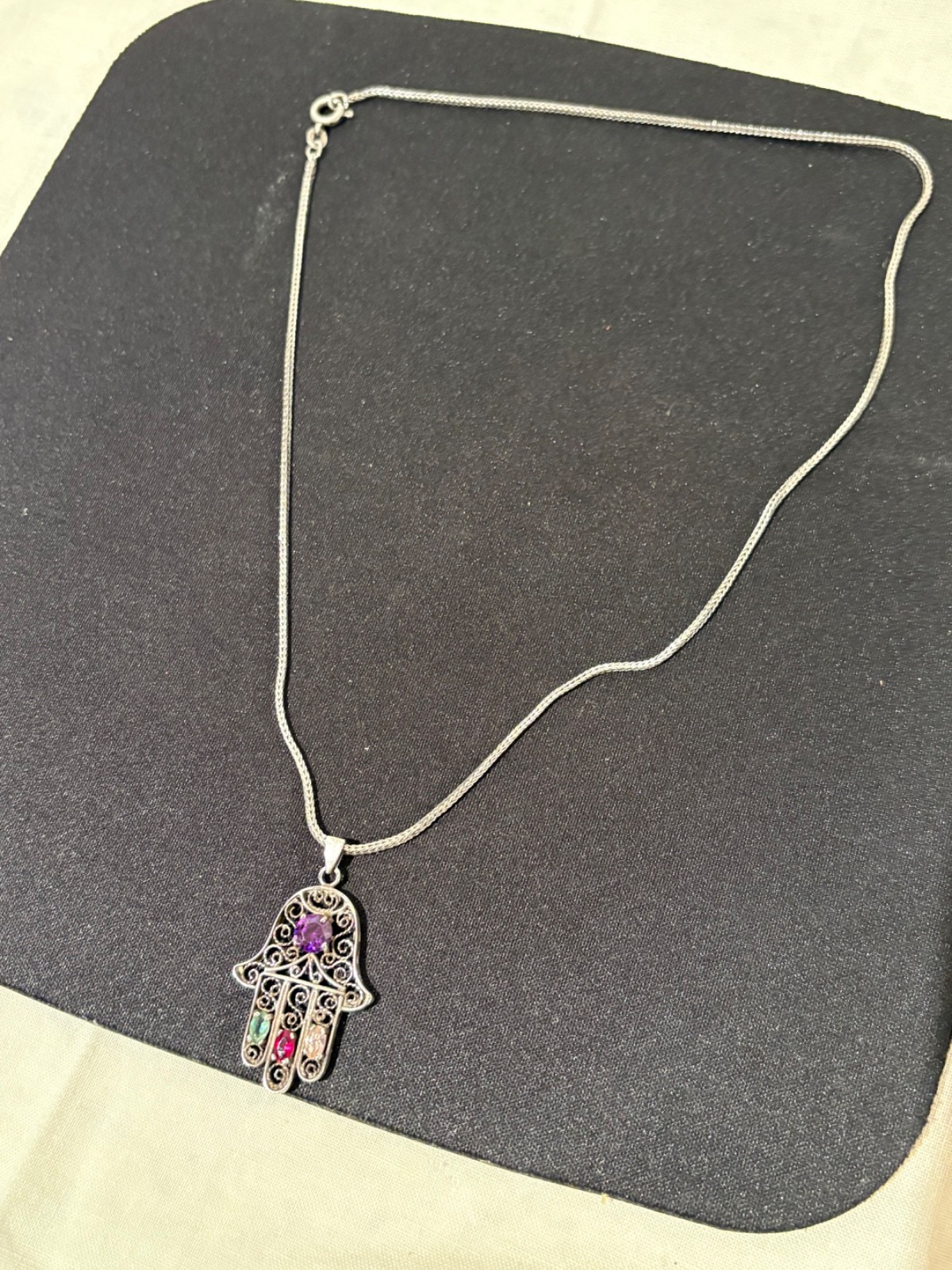 Vintage Italy 925 Sterling Silver Hamsa Hand Pendant Necklace 18” Multi Color St