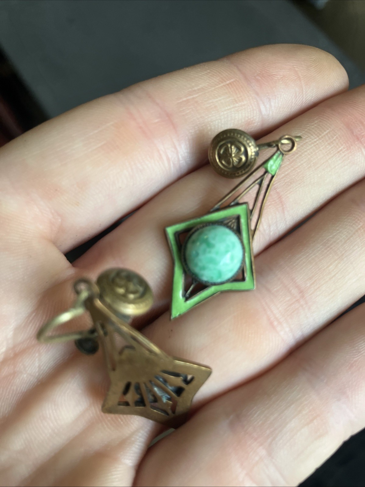 1920s Art Deco Dangle Earring Green Enamel And Stone Brass Clover Screw Back