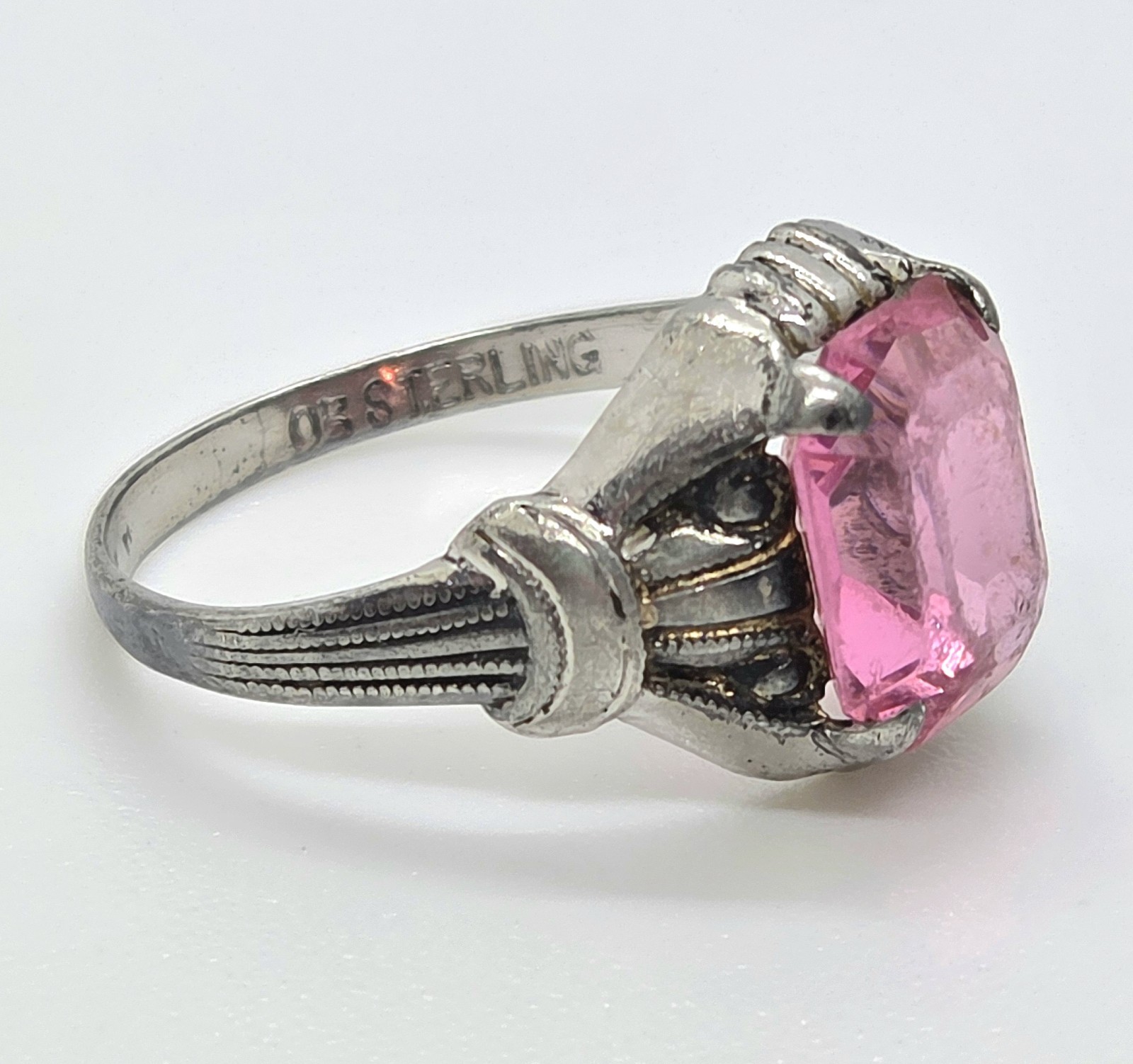 Vintage Ostby & Barton OB Art Deco Ring 925 Sterling Silver Pink Glass Size 6.75