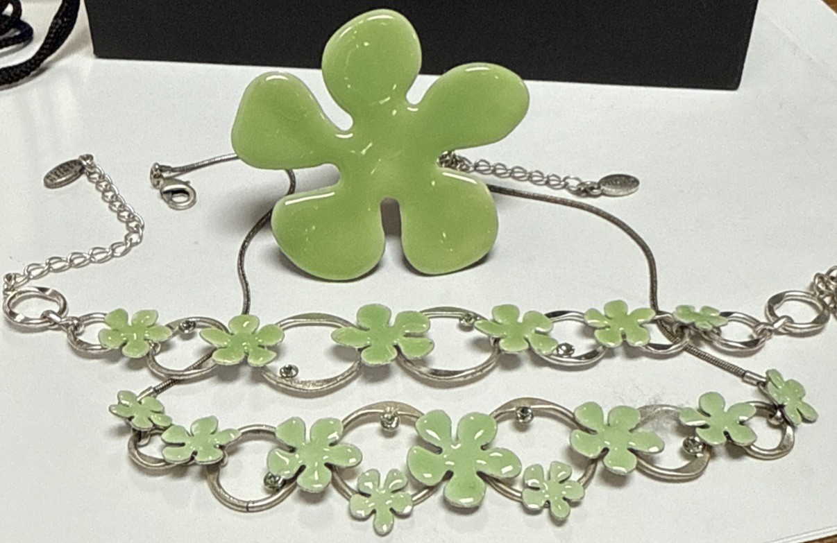 PILGRIM SIGNED SILVER TONE LIGHT GREEN ENAMELED RING BRACELET NECKLACE SET 3pc