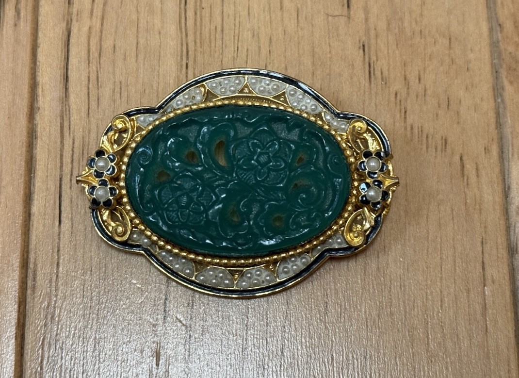 Vintage Czech? Green Peking Glass? Enamel & Seed Pearl Ornate Brooch Pin As-Is