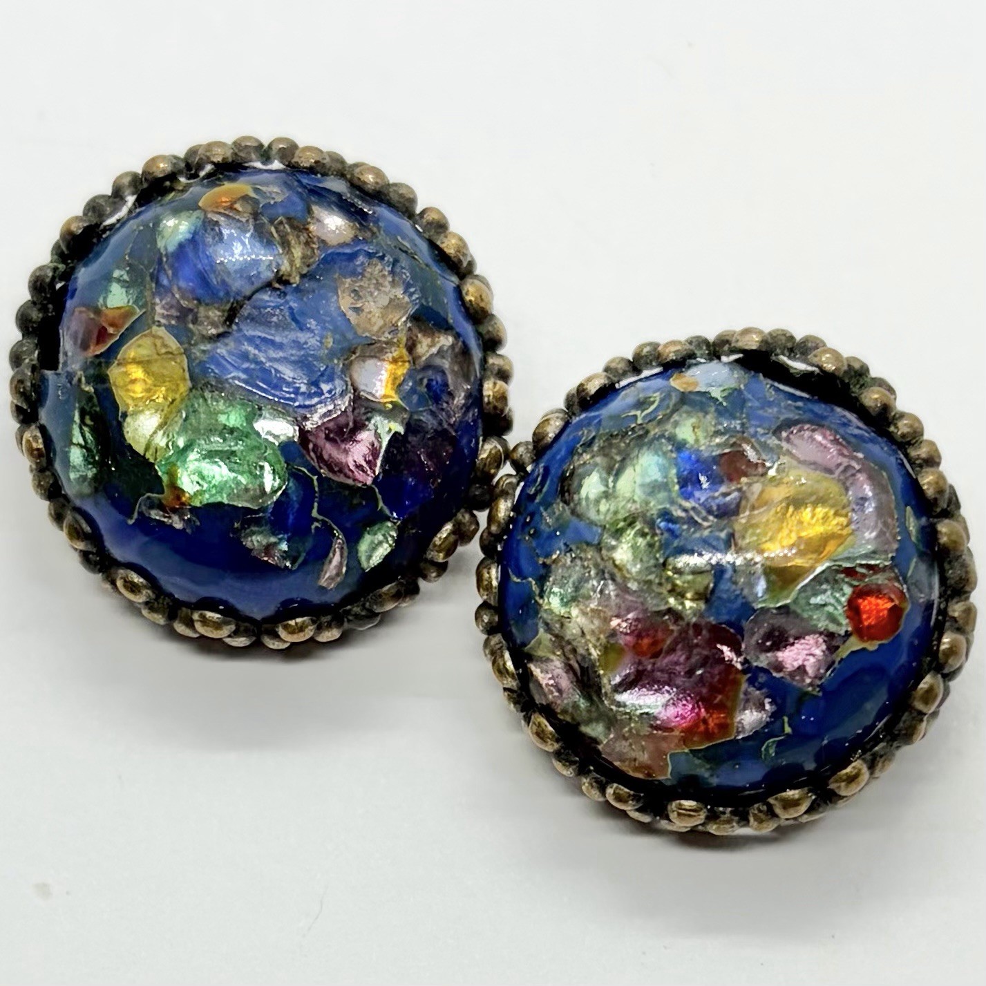 Vtg Old Confetti Glass Blue Foil Cabochon Brass Huggie Chunky Earrings Clip-on