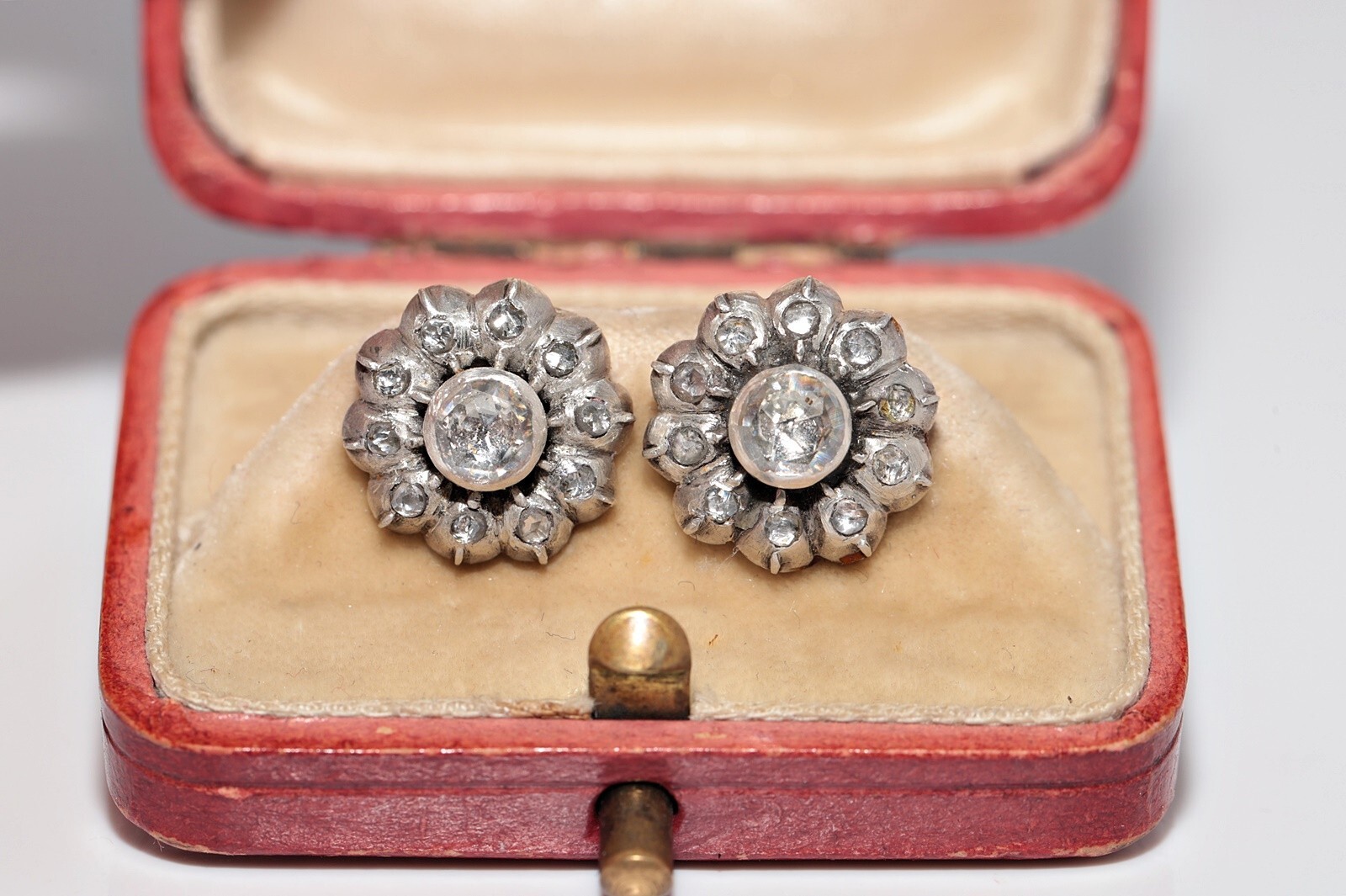 Antique Circa 1900s 14k Gold Top Silver Natural Rose Cut Diamond Earring