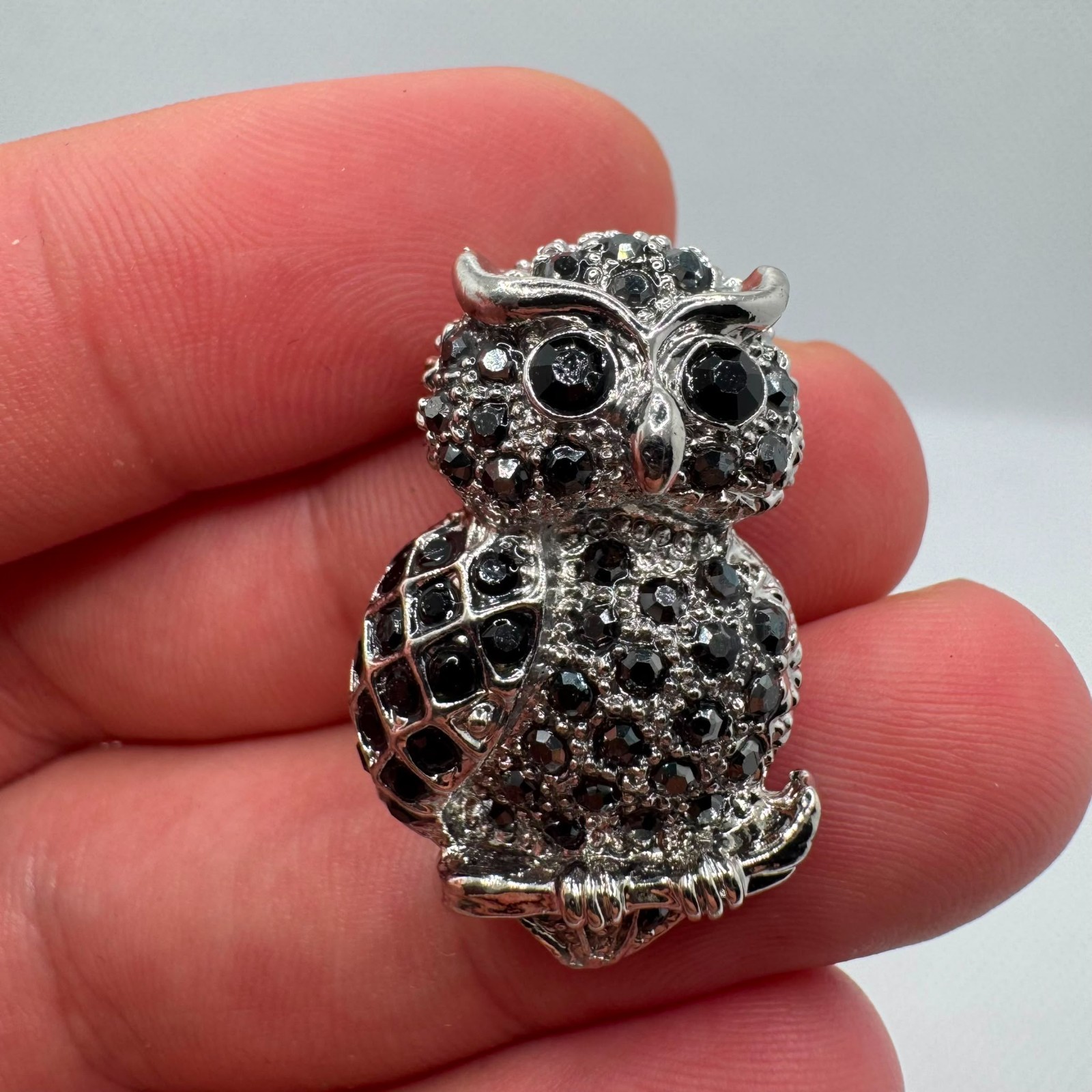 Vintage Black Crystal Owl Brooch Silver Tone Owl Pin Gift for Her