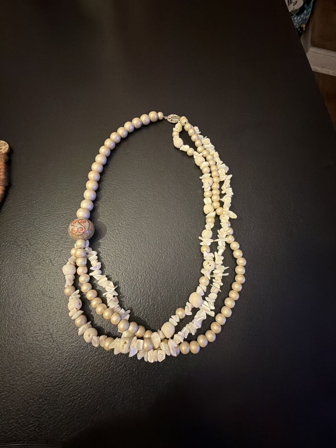 Vintage Multi-Strand Statement Necklace with Shell Chips and Carved Wood Beads