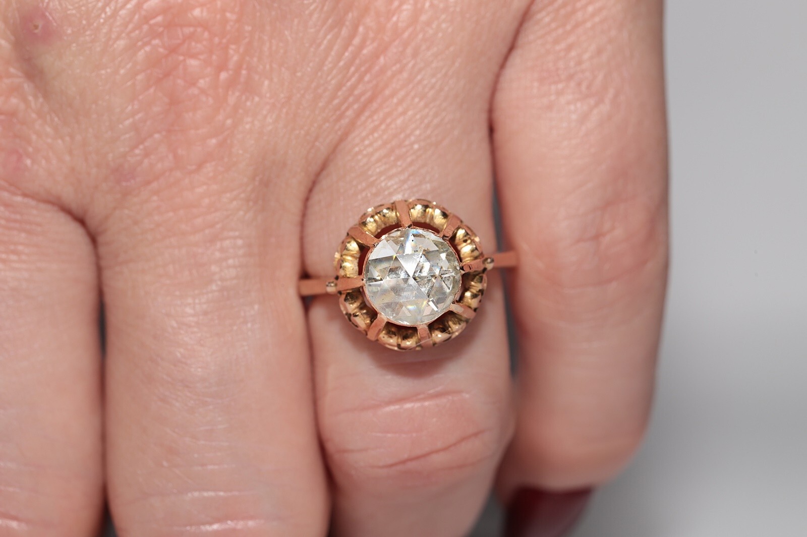 Antique Circa 1900s 18k Gold Natural Rose Cut Diamond Solitaire Ring