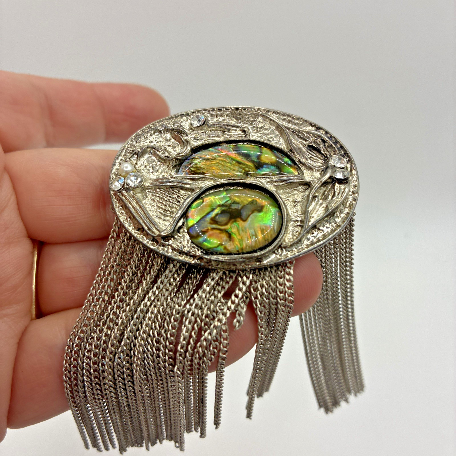 Vintage Brooch Abalone Shell Tassel Rhinestone Silver Tone Dangle Chain Pin