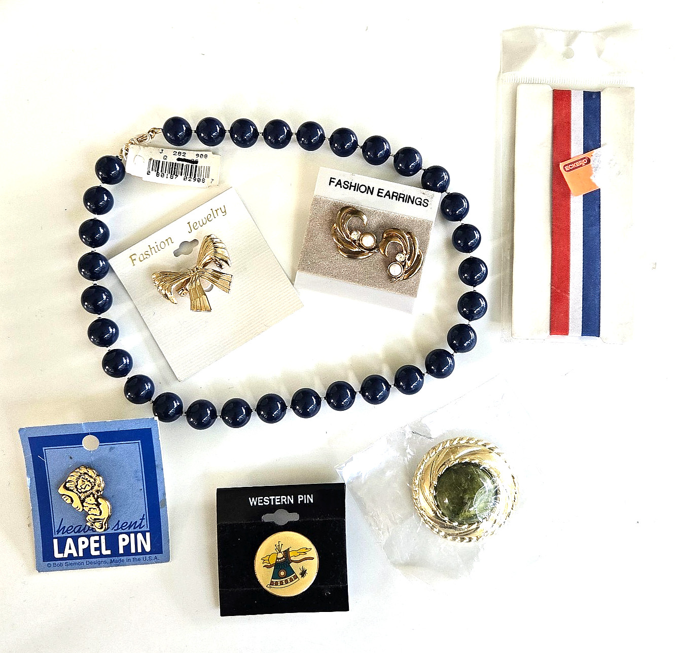Vintage 7 Piece Jewelry Lot Necklace Pin Earrings Bracelet w/Tag in Cards Unused