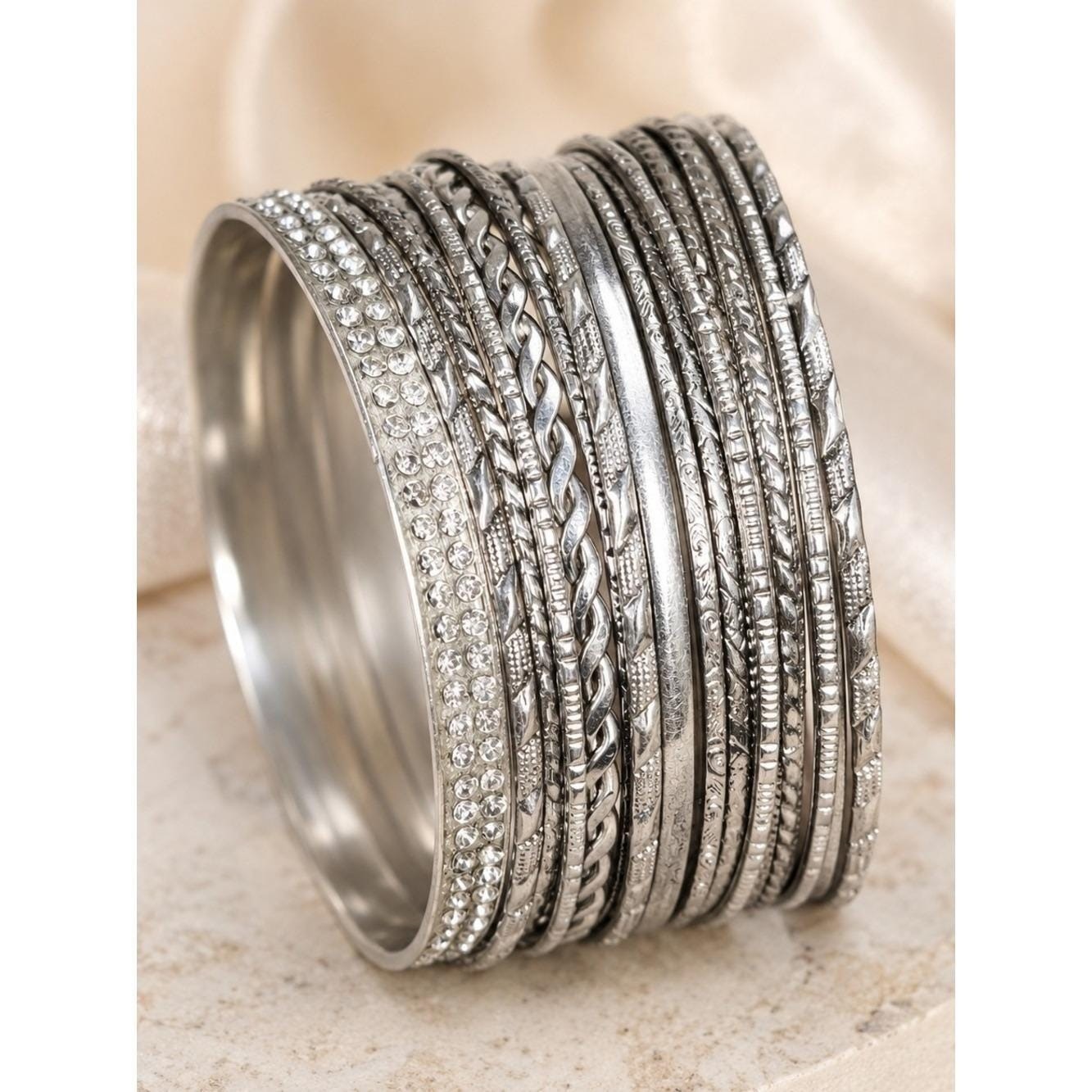 Vintage Silver Tone Bangle Bracelet Lot 20 Stackable Rhinestone Textured Bangles