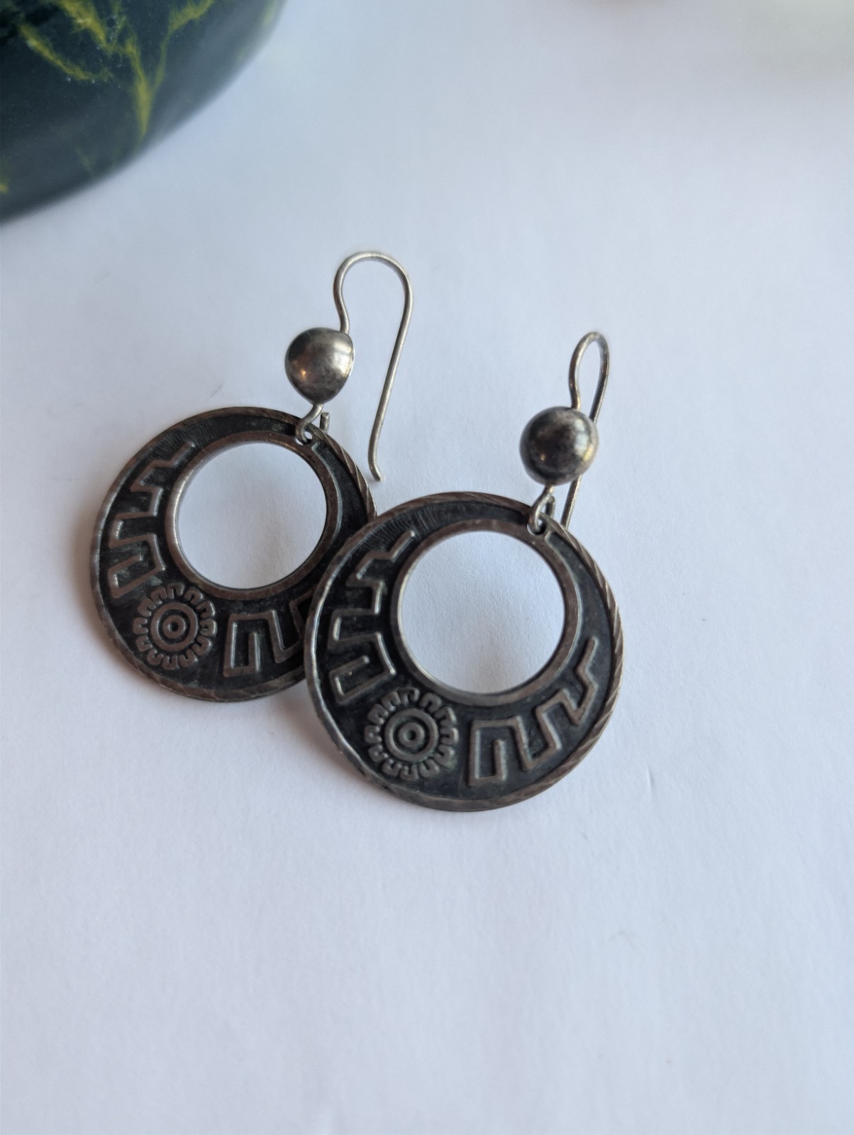 Vintage Taxco Mexico Sterling Silver 925 Geometric Flower Inset Drop Earrings