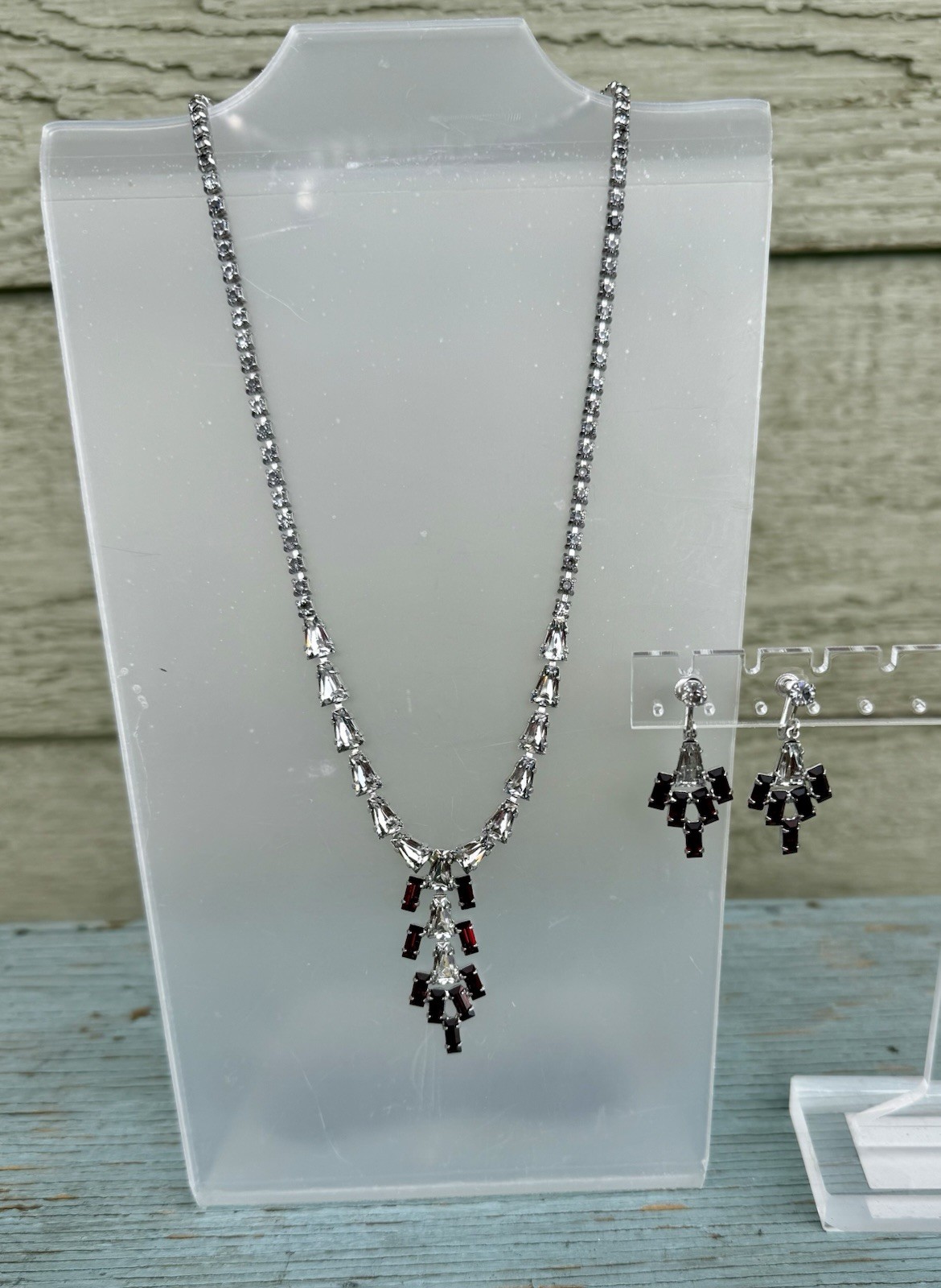 Vintage 1950’s B. David Red & Clear Rhinestone Drop Dangle Necklace & Earrings